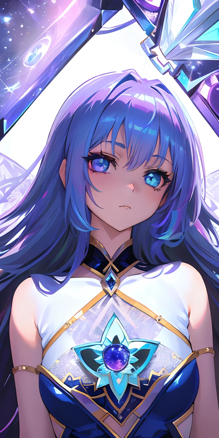 Space heterochromic eye girl,A jewel in the sky,Inspired by the ethereal work of Jasmine Becket-Griffith,Blue-violet shade stardust shimmer,The girl gazed pensively,Enchanting beauty is ultra-clear
