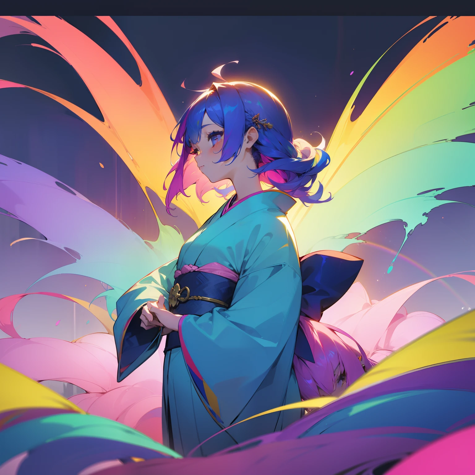 (Beautifully Aesthetic:1.2)、(1girl in:1.3)、(colourful hair:1.2)、wearing Colorful kimono、Rainbow Goddess、mystical、Fantastical