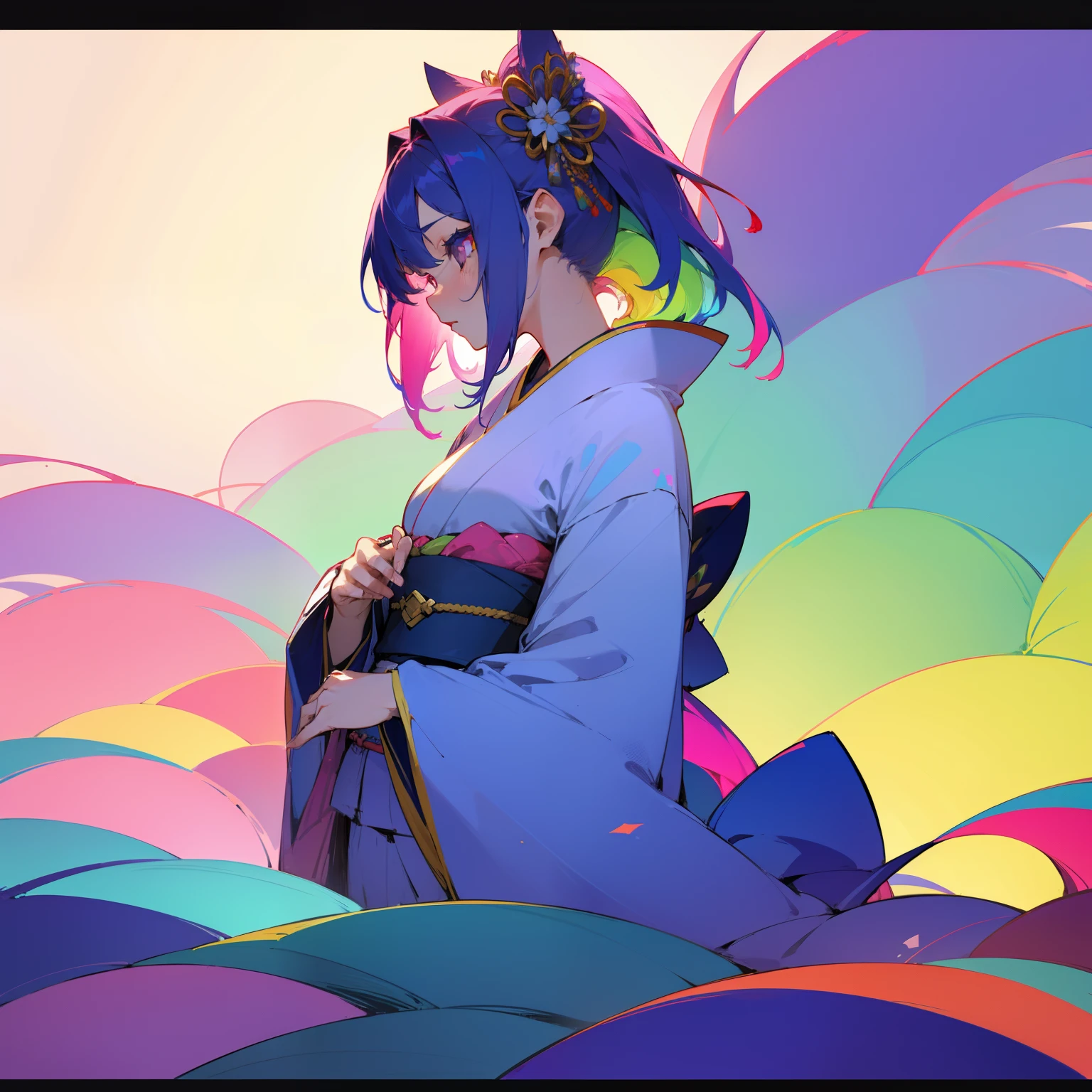 (Beautifully Aesthetic:1.2)、(1girl in:1.3)、(colourful hair:1.2)、wearing Colorful kimono、Rainbow Goddess、mystical、Fantastical