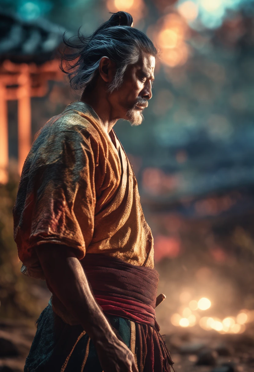 homem, samurai de meia idade meditando ao ar livre, fluttering hair moonlight scenery and blurry background (obra-prima) (8k high resolution) (melhor qualidade) (Ultra Definition) (Ultra realista)(Foto RAW) (Foto realista) (bright illumination)
