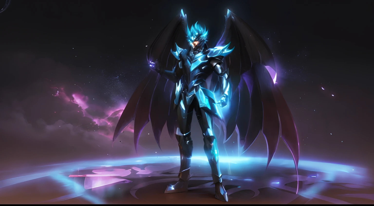 um close up de uma pessoa em um traje com asas, unreal motor render Sao Seiya, Saint Seiya, Devilman selvagem de corpo inteiro, male djinn man demon hybrid, demon male, Noturno de League of Legends, djinn man male demon, knights of zodiac girl, the former demon king, Devilman, arcanjo, draconic looking armor
