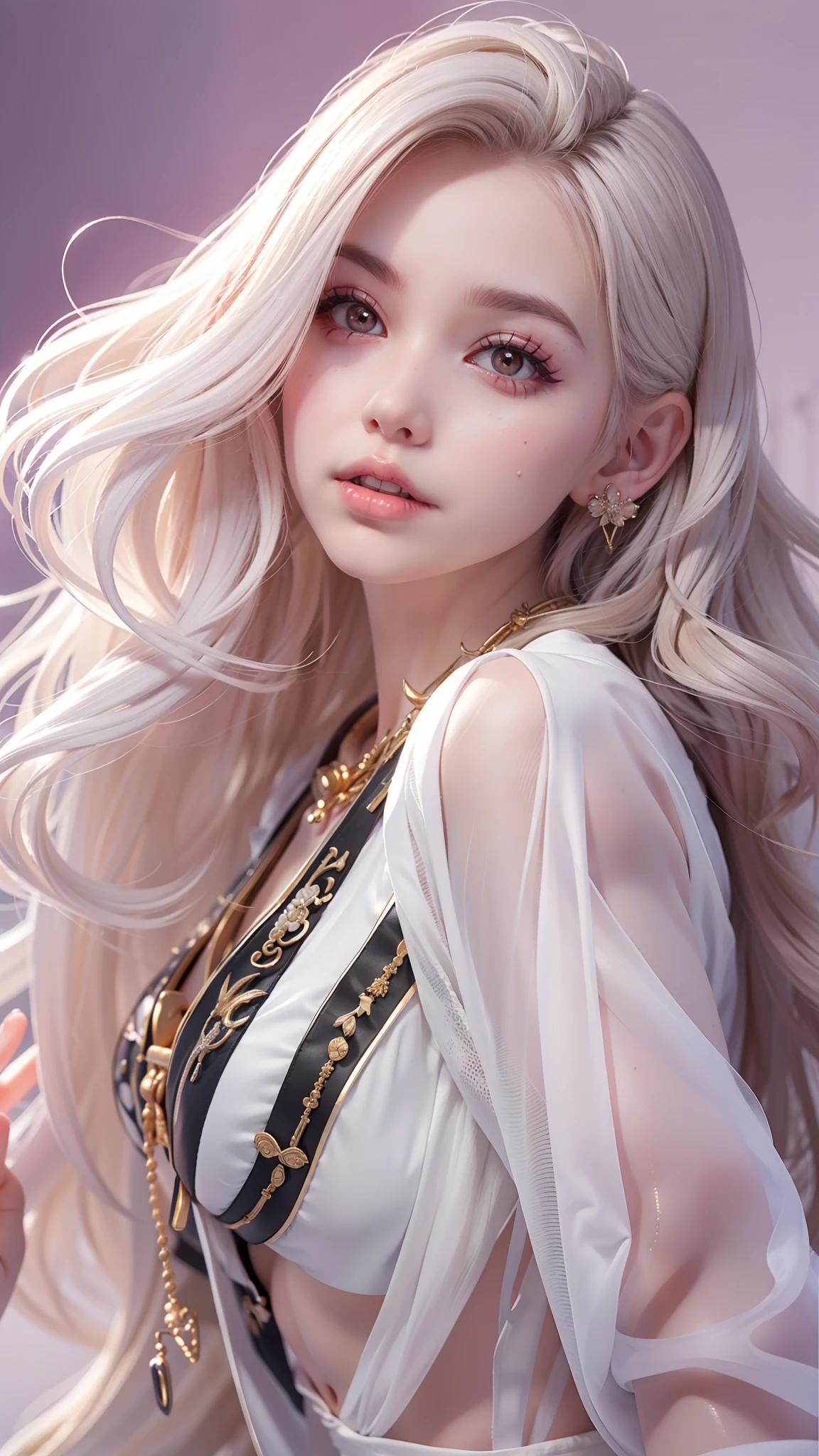 best qualtiy,tmasterpiece,8K分辨率,real photograph,Kizi,Golden ratio figure,long white hair,light make-up,largeeyes,Translucent red lips,High-gloss nose tip,Slim,Super big breasts,looking at viewert,The body faces the audience,exposed。