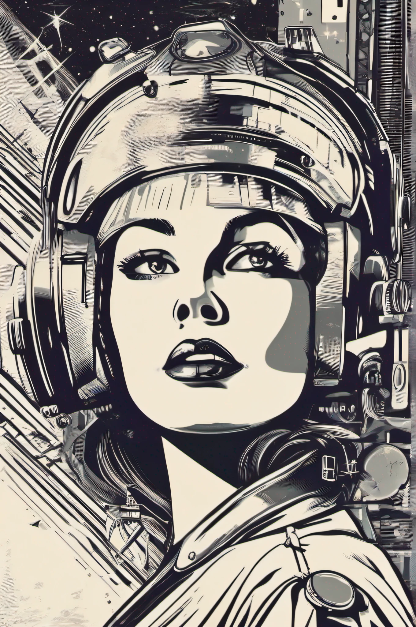 Vector for T-shirt print of a female face style 50's science fiction movies, imagem de estilo de filmes antigos dos anos 60, Imagem com fundo branco, destaque para imagem estilizada de filmes espaciais dos anos 50 e seu visual