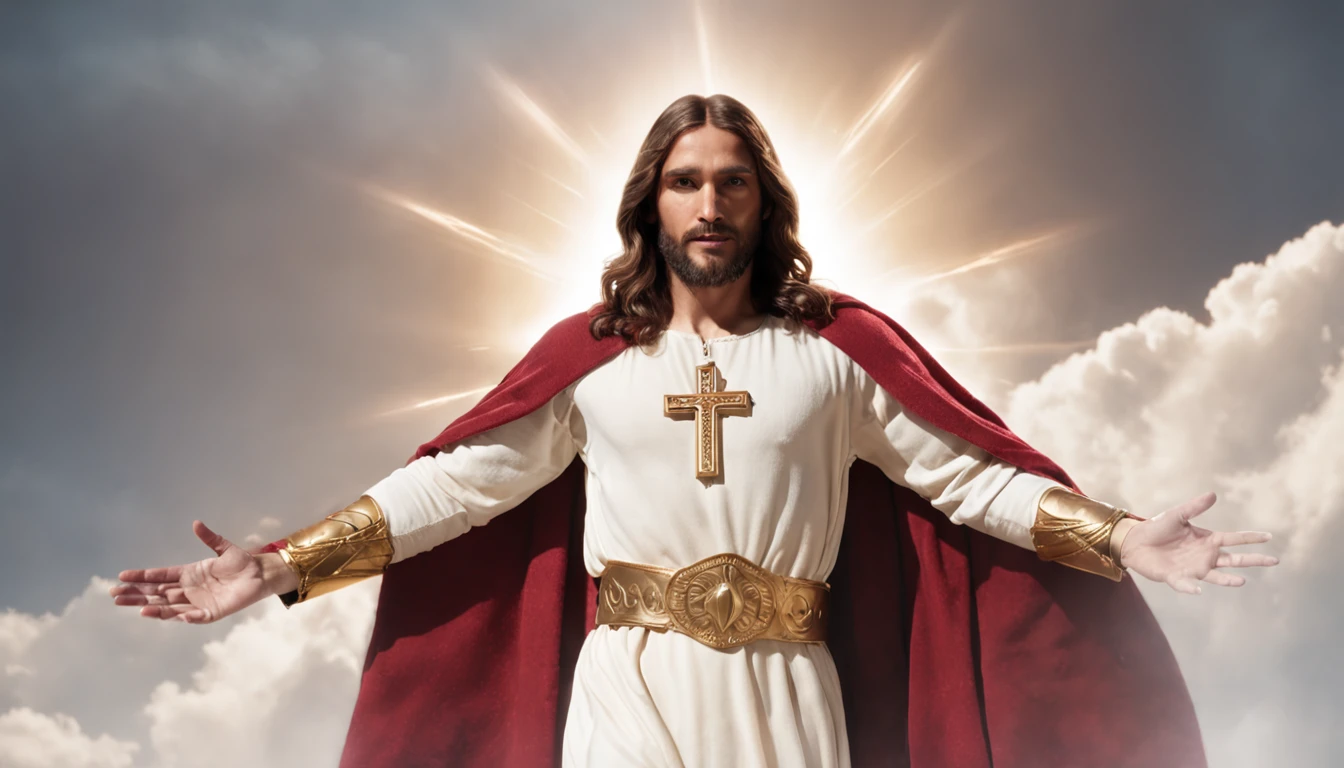 Imagem de um homem sereno no meio de nuvens de cristal (Jesus Christ, Son of God, in an elegant and imposing pose in futuristic battle clothes, ascending to heaven while looking into the camera;), magia branca reluzente ao redor, Controle de luminosidade, passo da luz, Light spells), Fantasia De Alta Qualidade Foto Stock, Fantasy Style 8k Octane Rendering, Elden Ring Cinematic Lighting, (octan render) estilo fantasia, unreal motor render saint seiya, picture of a male cleric, dramatic epic cinematic lighting, biblical epic movie, fantasy character Octane rendering, Epic scene of Jesus Christ, Sublime, Dark Academia, illustration, lower body shot, ArchViz rendering, High contrast, gameart, brown colors, Dreamy, backlit lighting, Hyperrealistic textures, intricate details, architectural visualization, Corona render, 8k