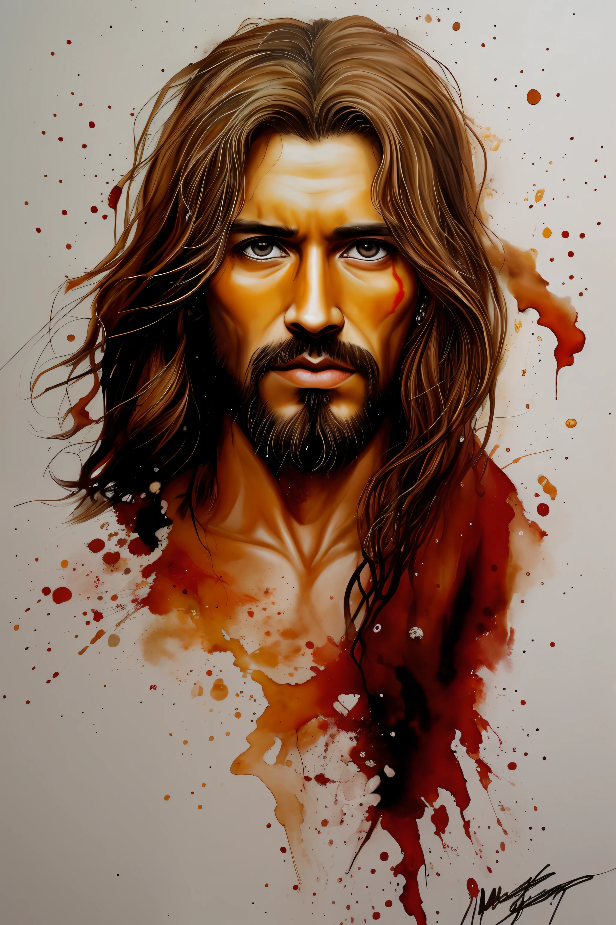 (respingo de tinta, pingos de tinta, splatter de tinta), tinta marrom, monocromatic, shades of brown and red, Aquarela, pinceladas largas, faca de paleta, non-portrait painting of Jesus Christ, Olhos detalhados, ((olhos pretos)), cabelos escuros, hands hidden, fundo preto, tela preta, criativo, arte da camiseta, arte vetorial.