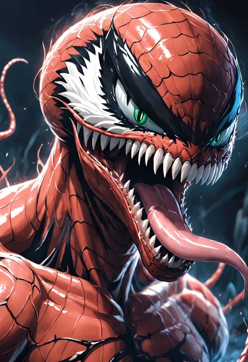 Roaring venom,Marvel Venom,head portrait,Close-up,of a real,Facial features are carefully depicted,Realistic skin texture,Dark style,depth of fields,high light,Real light,Ray traching,oc rendered,Hyper-realistic,best qualtiy,8K,Works of masters,super-fine,Detailed pubic hair,Correct anatomy,sharp focus on eyes,Bokeh,Facial features are carefully depicted