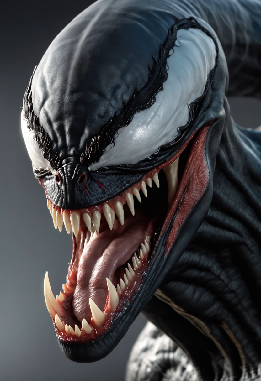 Roaring venom，Marvel Venom，head portrait，Close-up，of a real，Facial features are carefully depicted，Realistic skin texture，Dark style，depth of fields，high light，Real light，Ray traching，oc rendered，Hyper-realistic，best qualtiy，8K，Works of masters，super-fine，Detailed pubic hair，Correct anatomy，sharp focus on eyes，Bokeh，Facial features are carefully depicted