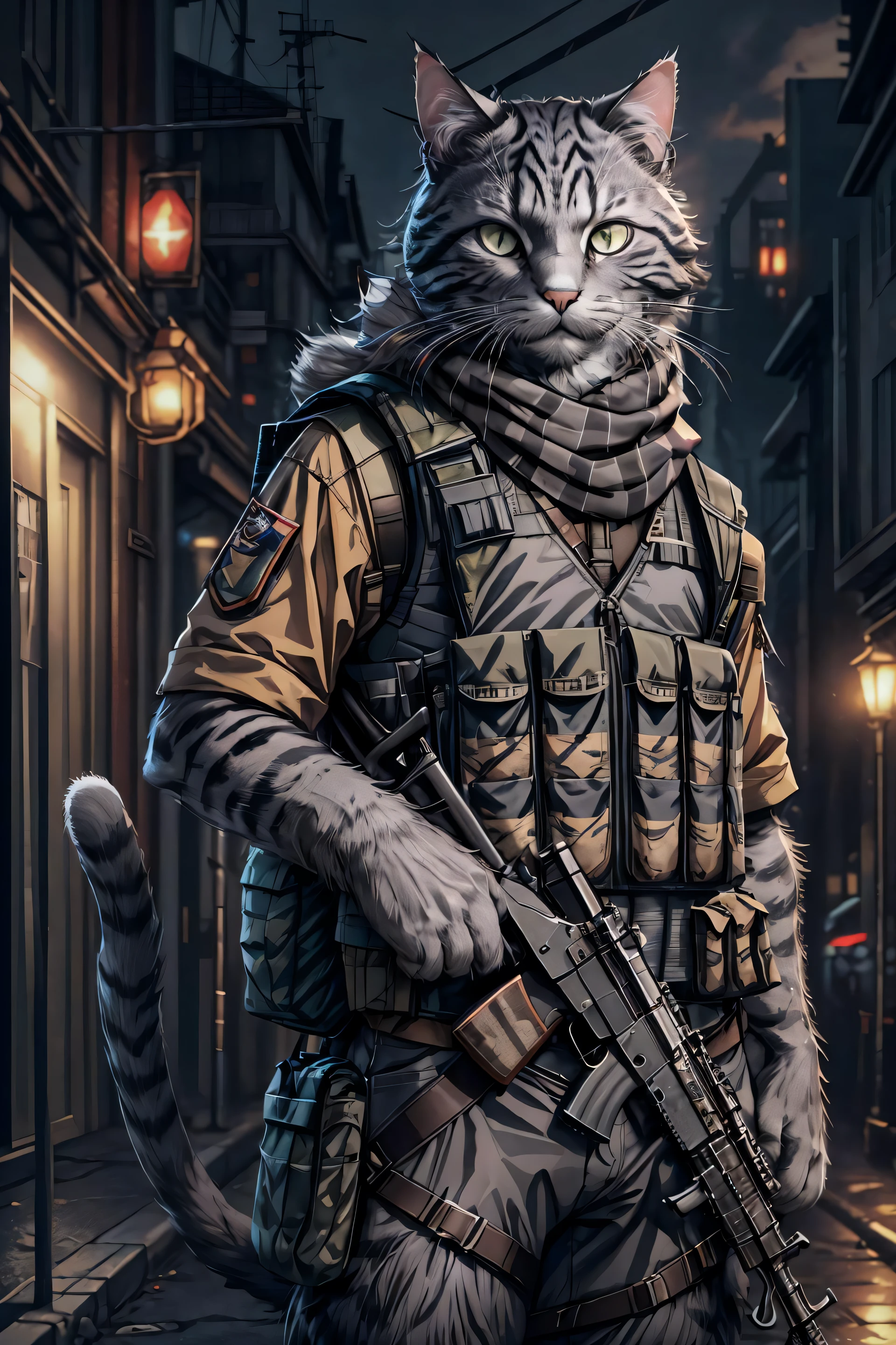 absurdres, (realistic:1.5), (masterpiece, Extremely detailed CG unity 8k wallpaper, best quality, highres:1.2), (ultra_detailed, UHD:1.2), perfect illumination, unreal engine, sidelighting, (dark background:1.4),
(cat:1.2), (tabby cat:1.2), (gray cat:1.4), (no humans:1.4), (furry:1.4), animal focus, animal, solo, standing, weapon, gun, rifle, assault rifle, gloves, holding, holding weapon, holding gun, military, whiskers, load bearing vest, pouch, holster, camouflage, bag, scarf, blurry background,