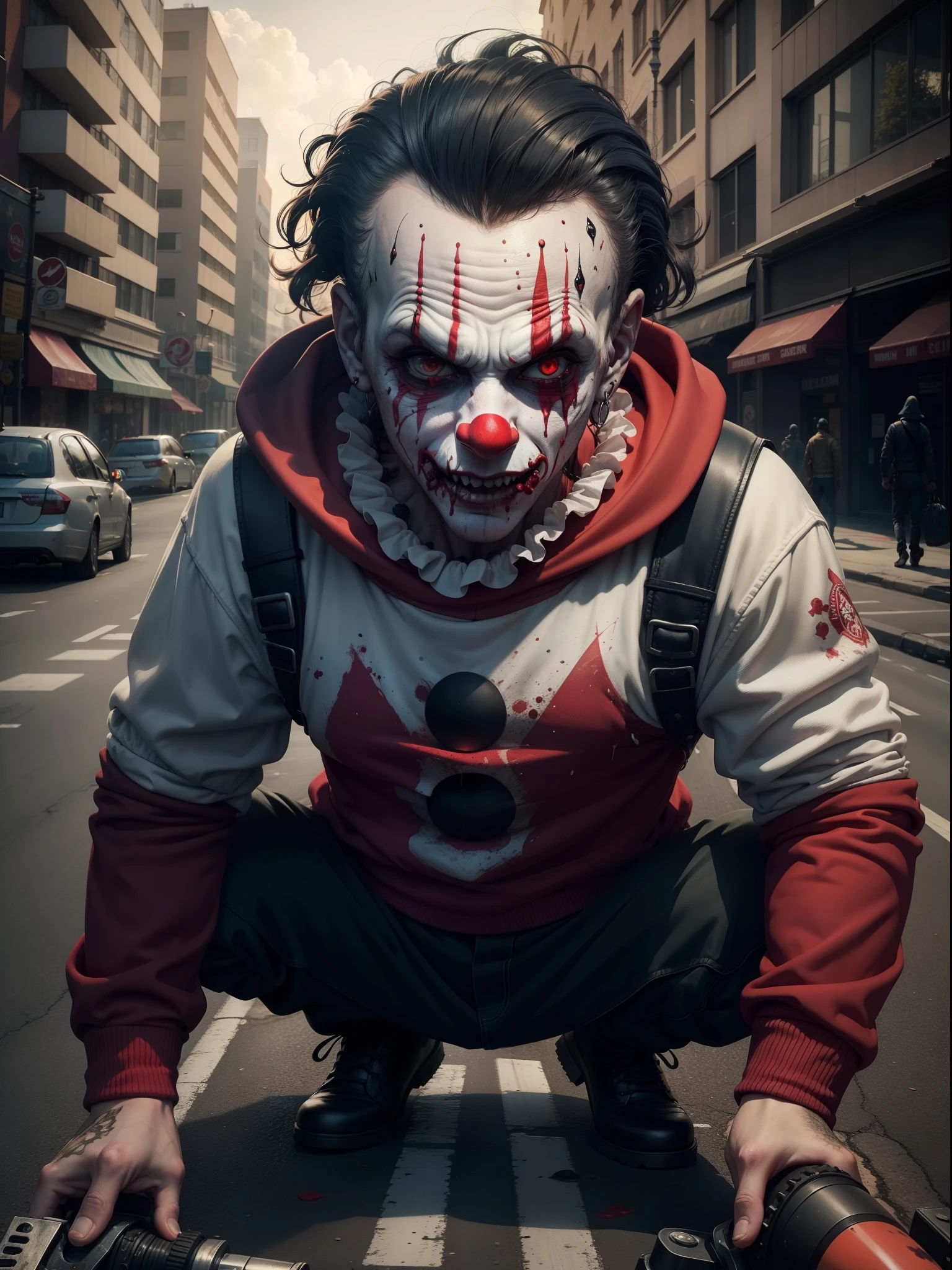 killer clowns in the middle of the street with blood on their clothes and a chainsaw in their hands Horror Styled Macabre, Full-HD, 1080p, 16k, Realistic, Hyperrealistic, Hyper Real