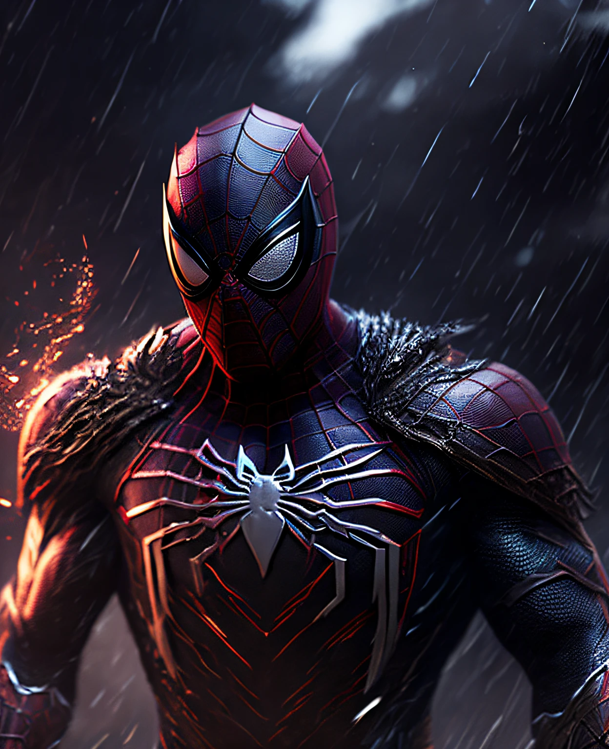 Close-up (Spider-Man from Marvel in Viking style: 1.3) emerging from wet black mud, extremely detailed, smoke, sparks, metal shavings, flying debris, volumetric light