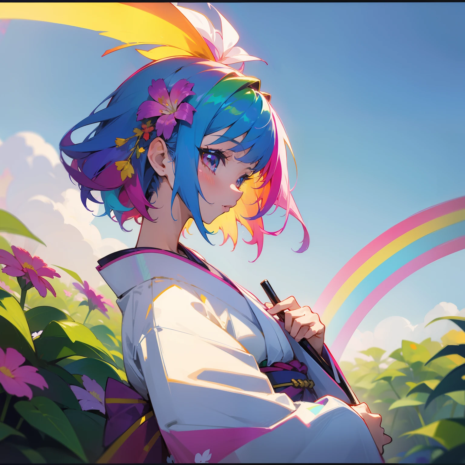 (Beautifully Aesthetic:1.2)、(1girl in:1.3)、(colourful hair:1.2)、wearing Colorful kimono、Rainbow Goddess、Colorful flower garden、