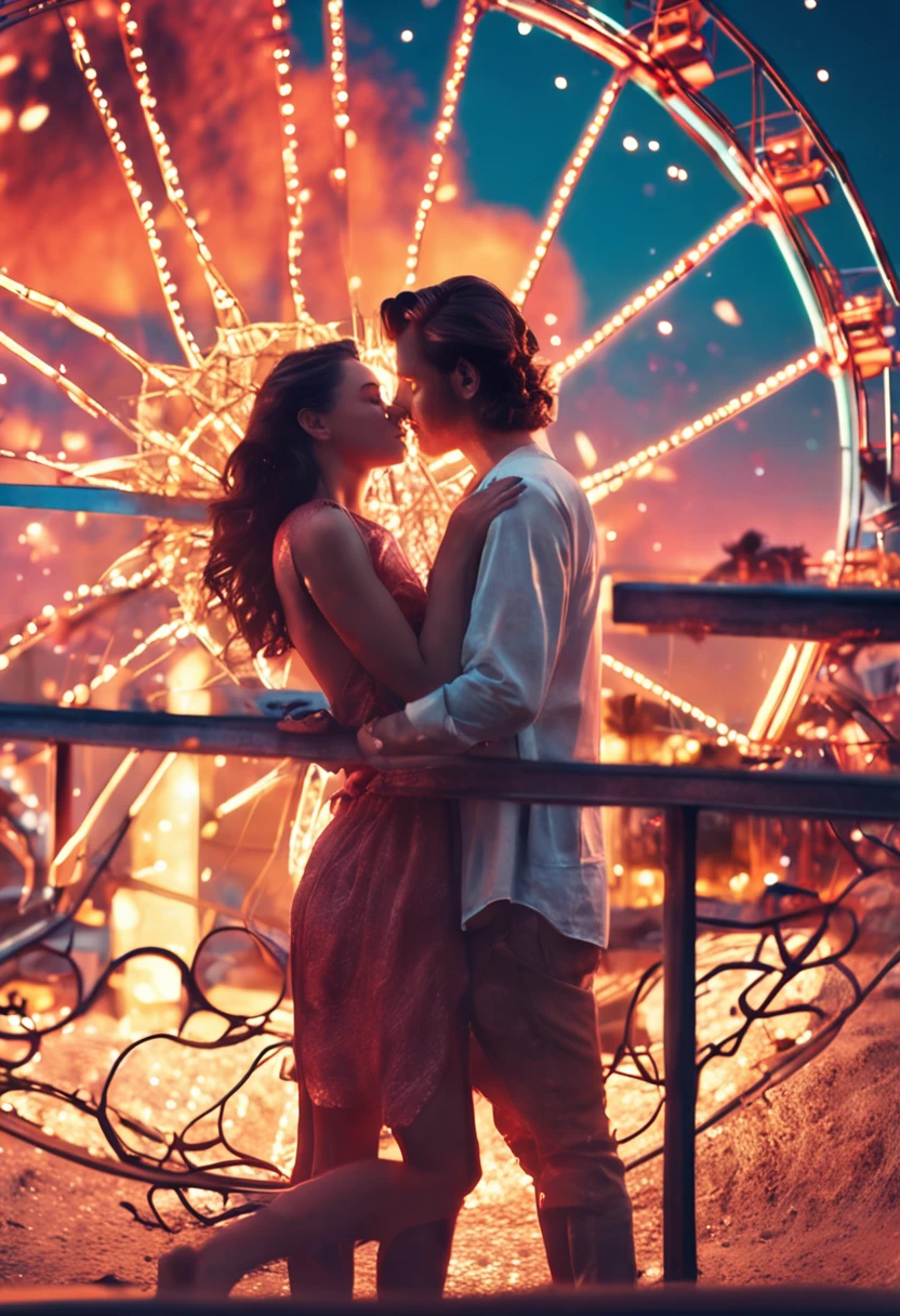Romantic couple kissing in the wind,Boys and girls,glowing stars,Glow effects,Heart-shaped bubbles,the night,he Ferris wheel,The face is clear and accurate,detail in face,super-fine,beachside,16K resolution,high qulity,电影灯光,High picture detail,dynamic viewing angle,Detailed pubic hair,Epic shooting,oc rendered