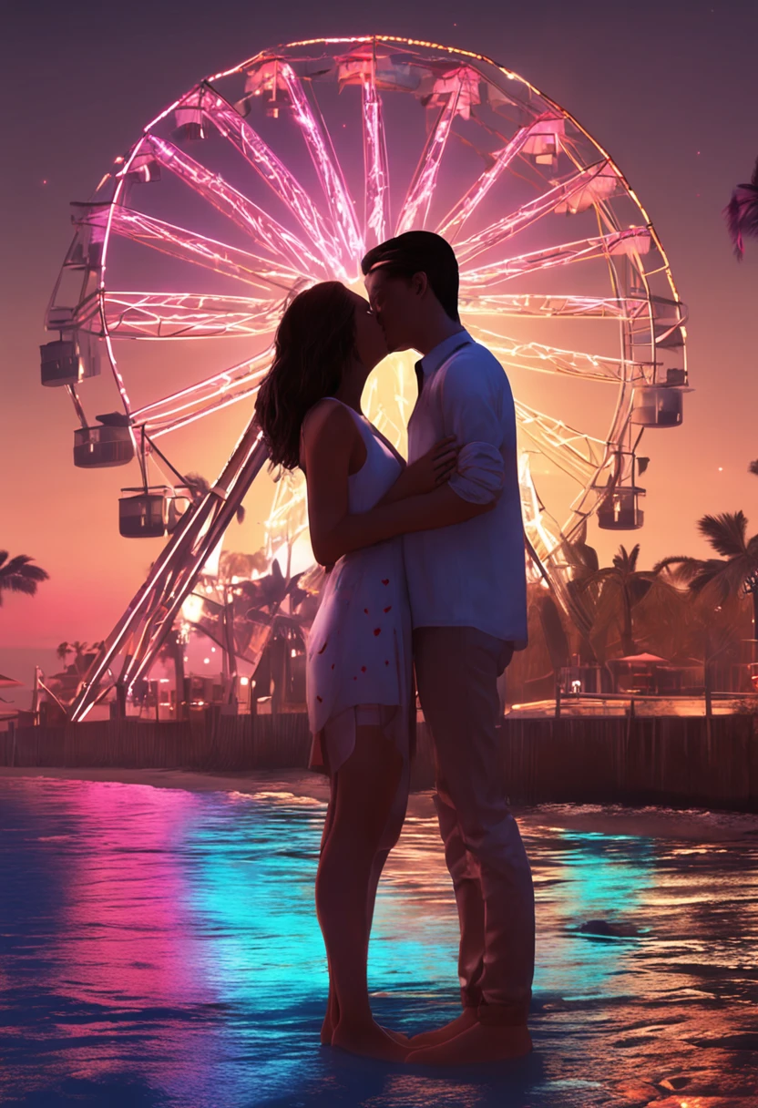 Romantic couple kissing in the wind，Boys and girls，glowing stars，Glow effects，Heart-shaped bubbles，the night，he Ferris wheel，The face is clear and accurate，detail in face，super-fine，beachside，16K resolution，high qulity，电影灯光，High picture detail，dynamic viewing angle，Detailed pubic hair，Epic shooting，oc rendered