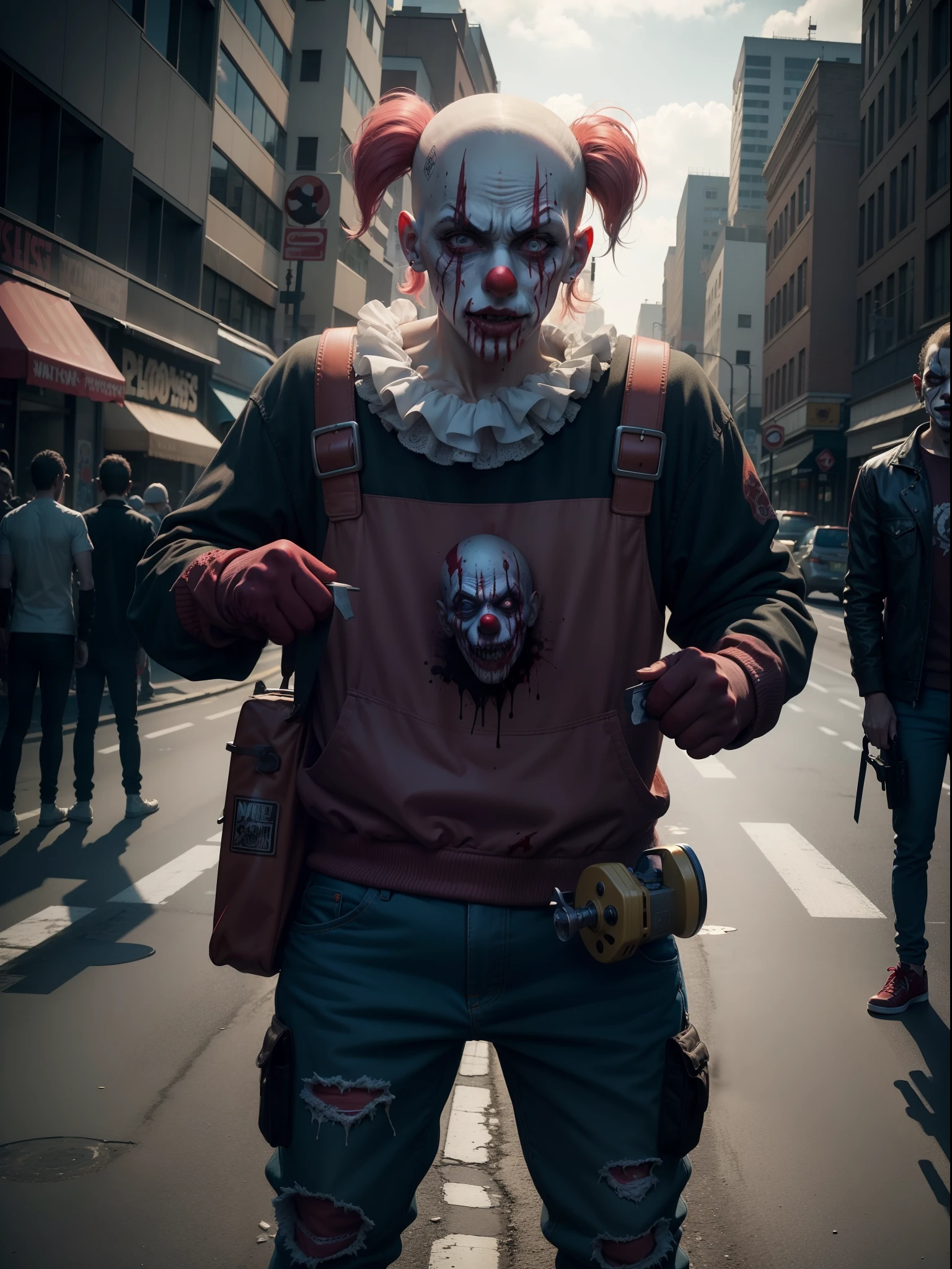 High quality, 8k quality, illustration, portrait, man in clown costume, expression of joy, bank robbery, pistol explosion, downtown, sunset, police car, many police chasing, brown eyes, extreme detail, ultra hd