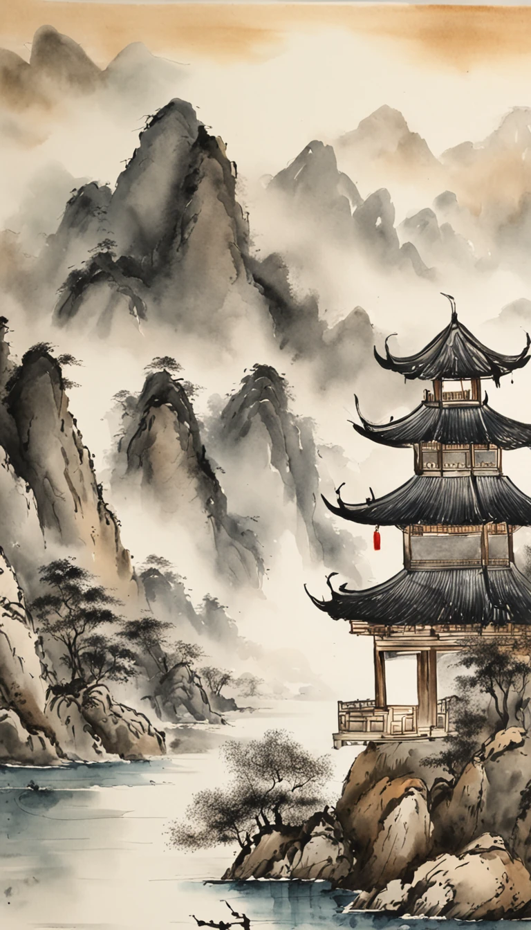 Chinese landscape painting,ink and watercolor painting,Smudge,Faraway view,Ultra-wide viewing angle,Meticulous,Beautifully depicted,Pavilions、Delicate