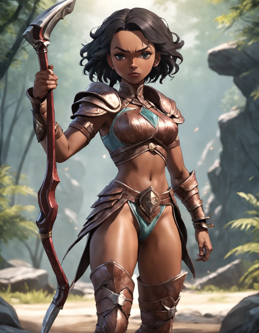 styalized, Elders scrolls Video Game Series, Redguard woman, african american woman, tight body, placed in elder scrolls world, elemental magic with redguard type weapons and armor, dark hair color, bow and arrow, ranger type, strider. full body render. diffrent poses, emersive
