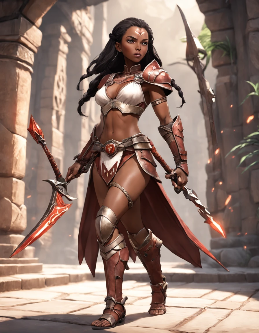 styalized, Elders scrolls Video Game Series, Redguard woman, african american woman, tight body, placed in elder scrolls world, elemental magic with redguard type weapons and armor, dark hair color, bow and arrow, ranger type, strider. full body render. diffrent poses, emersive