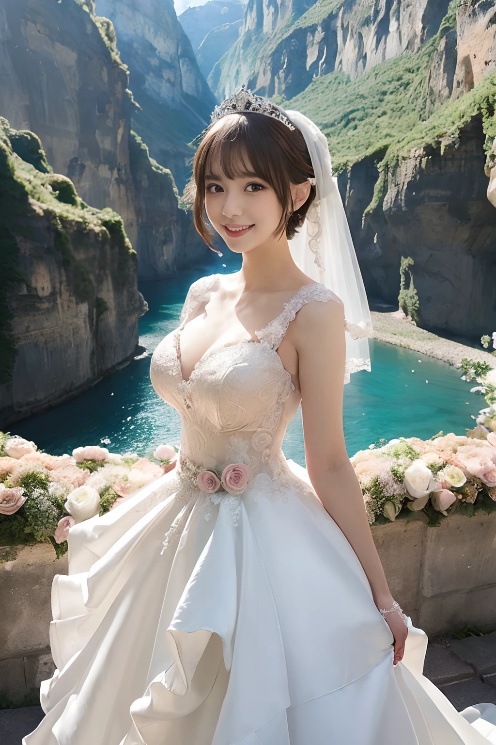(Best Quality, masutepiece:1.2), (Realistic:1.3), (hyper detailed background, Detailed background), Bokeh, ((medium breasts:1.2)), ((Beautiful valley)),(Long Train Wedding Dresses:1.3),Bridal tiara, Bridal Veil, bridal gauntlets, Bridal Cascade Bouquet, Upper body, (Blue sea background:1.2), The skirt spreads round and wide, 1girl in, age, Cute,Smiling,(short-cut:1.2)