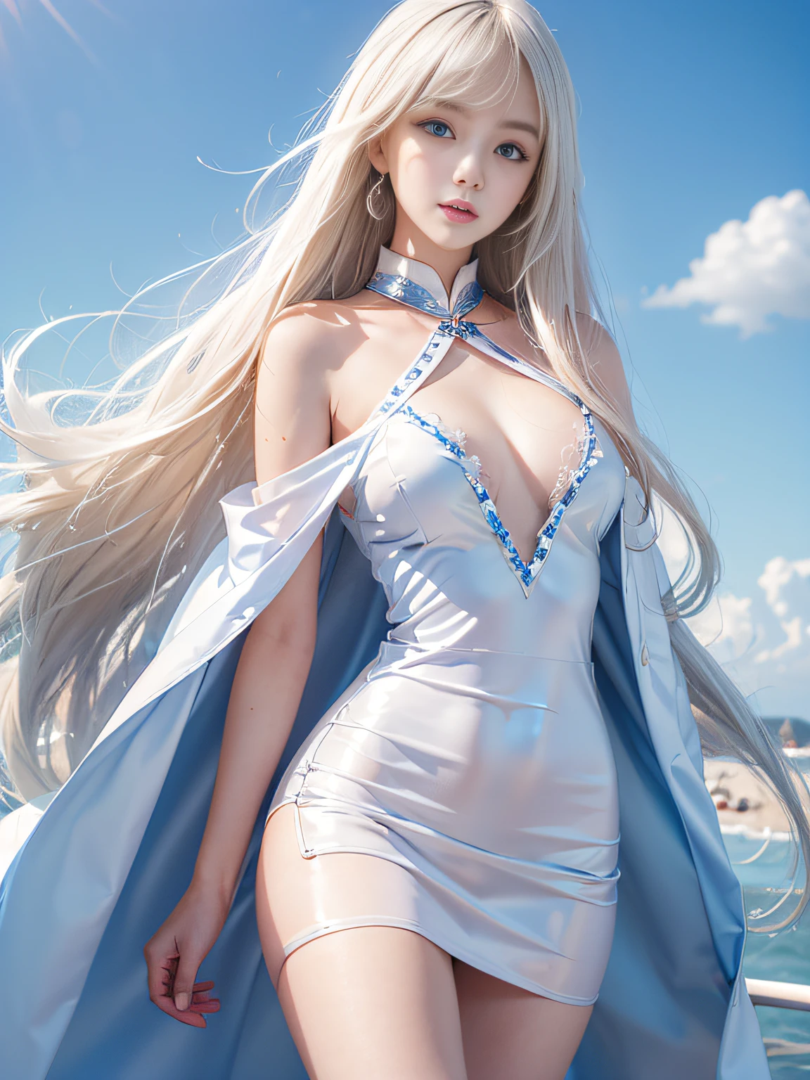 1 girl、porate、Student clothes、blue-sky、Bright and very beautiful face、年轻, shiny white shiny skin、Best Looks、Blonde hair with dazzling light reflection、Beautiful platinum blonde hair is super long silky straight shiny、Long bangs、Very beautiful 、Big eyes that shine crystal clear light blue、Beautiful cute beautiful girl