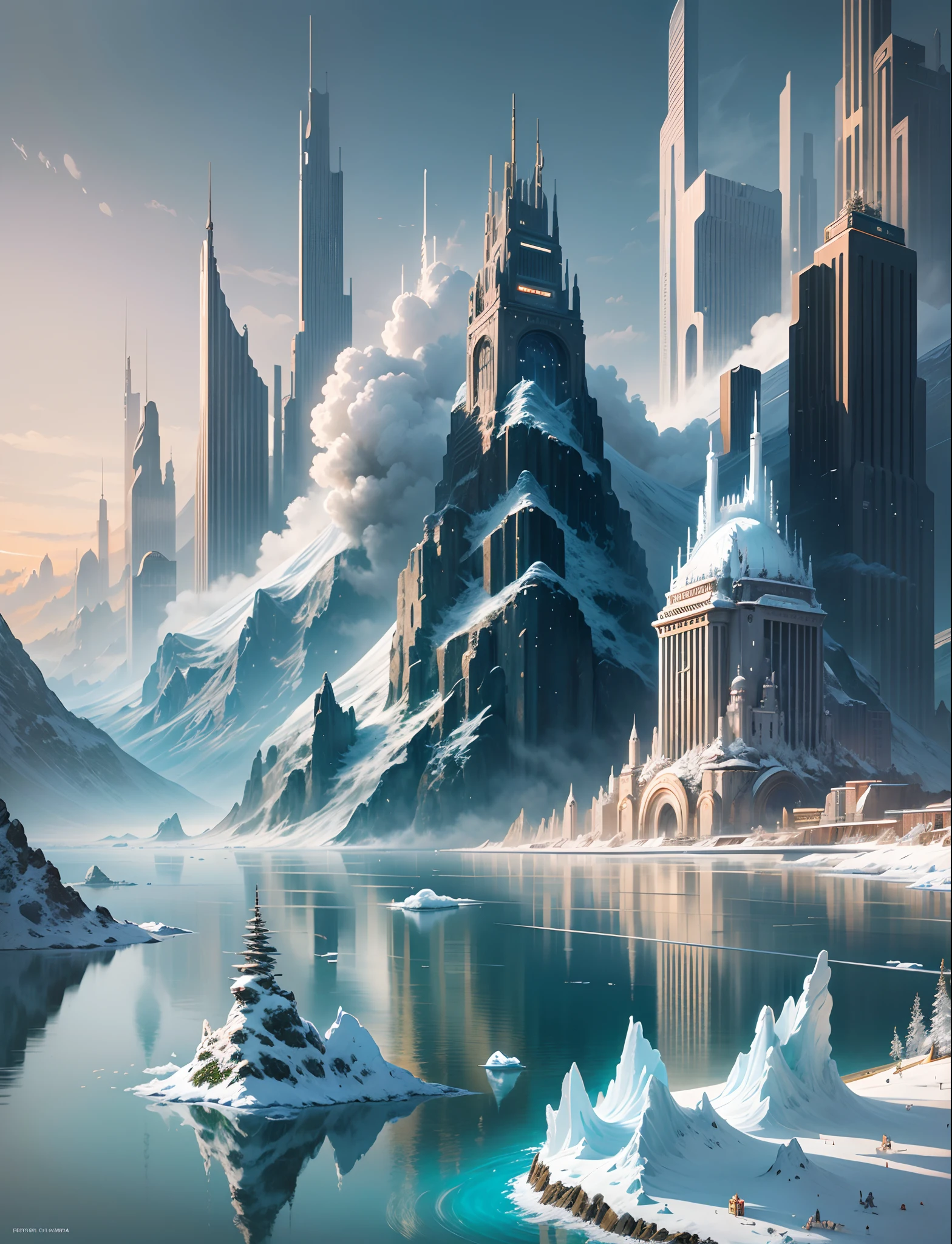 futuristic city, 24th century, fantasy, fantasy, arctic, sea