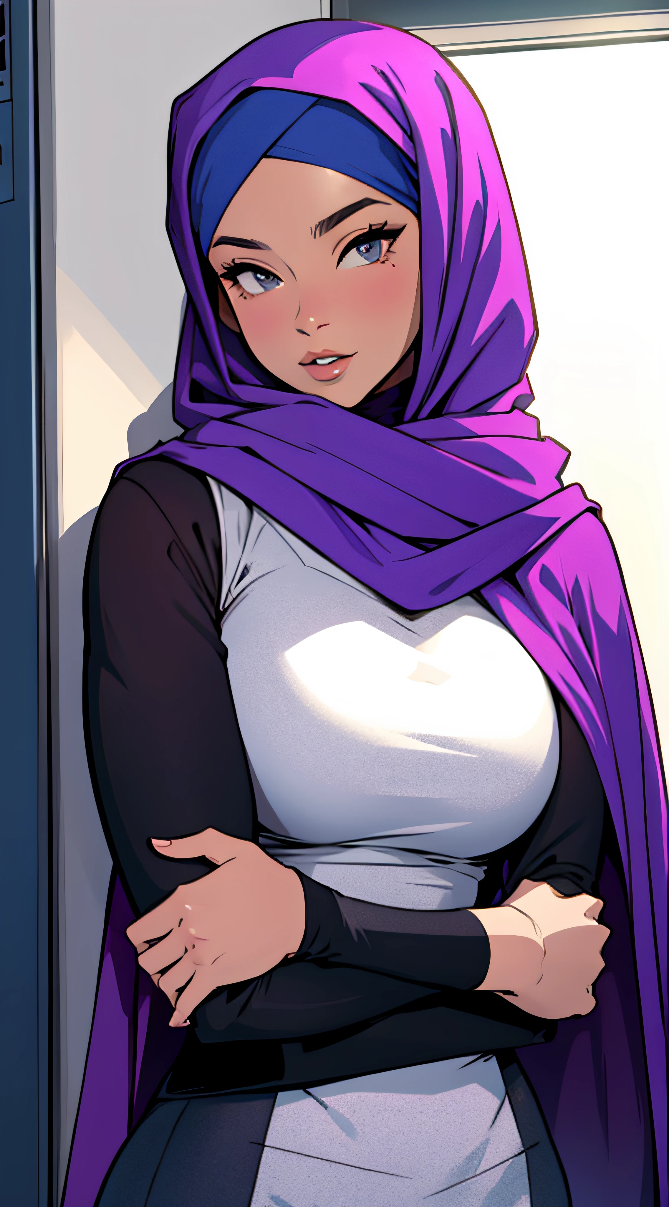 Hijabolic, manhwa style, manhwa, hentai, manhwa18, 1girl, big breast, (nude) , hijab, white hijab, (naked) , looking to viewers, white background, emotionless, serious expression, spread legs, pussy, 