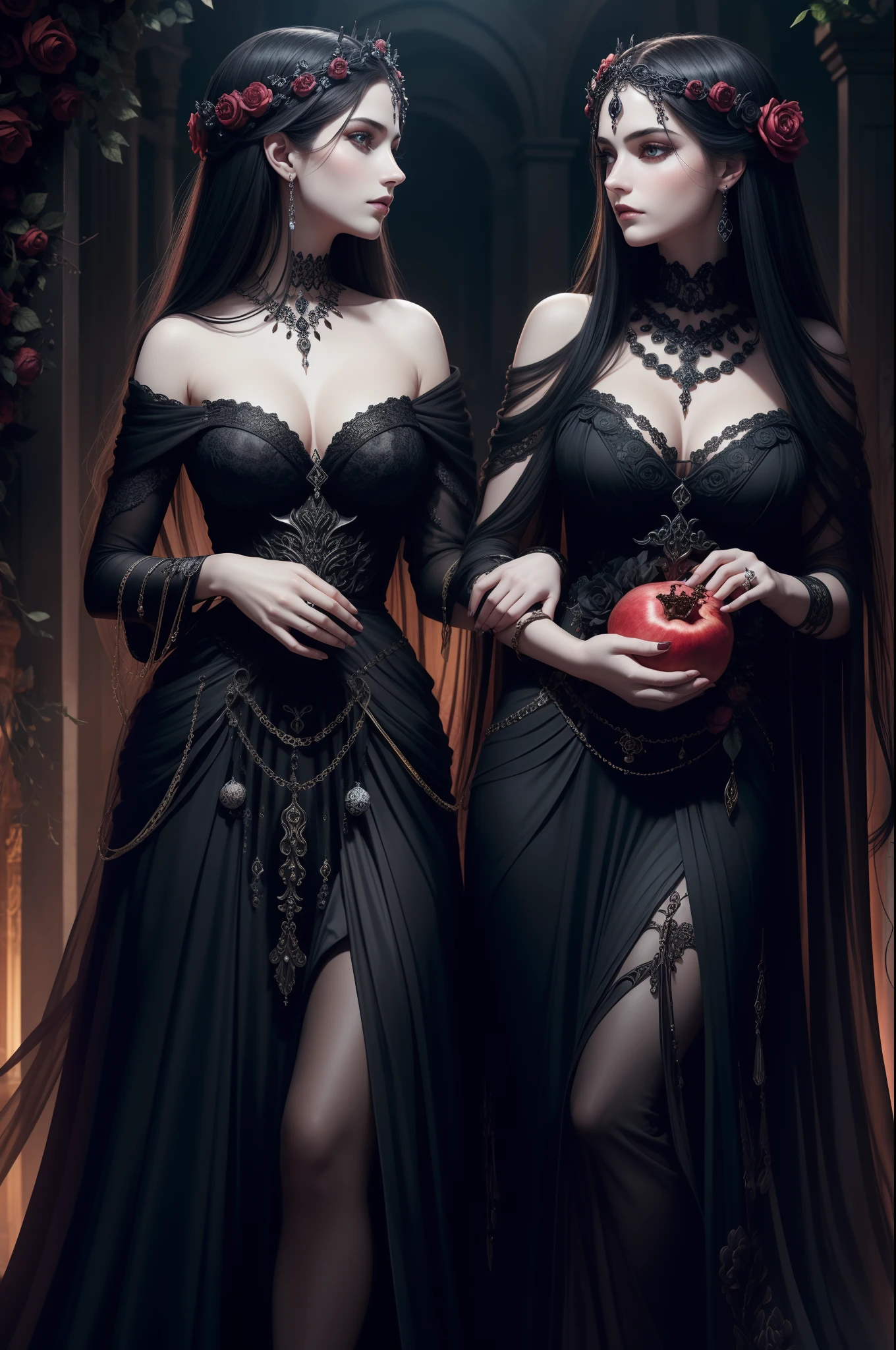 Persephone goddess of the underworld and Hades god of the underworld, Persephone holds a pomegranate, Hades stands by her side, black flowers surround them, pomegranate symbolizing their bond. mythological garden with black flowers, pomegranate. Both wear opulent gothic attire adorned with celestial motifs. This artwork captures their deep love with a gothic touch, merging light and darkness to evoke their mythic union. best quality, 4k, ultra high quality, mythological style.
