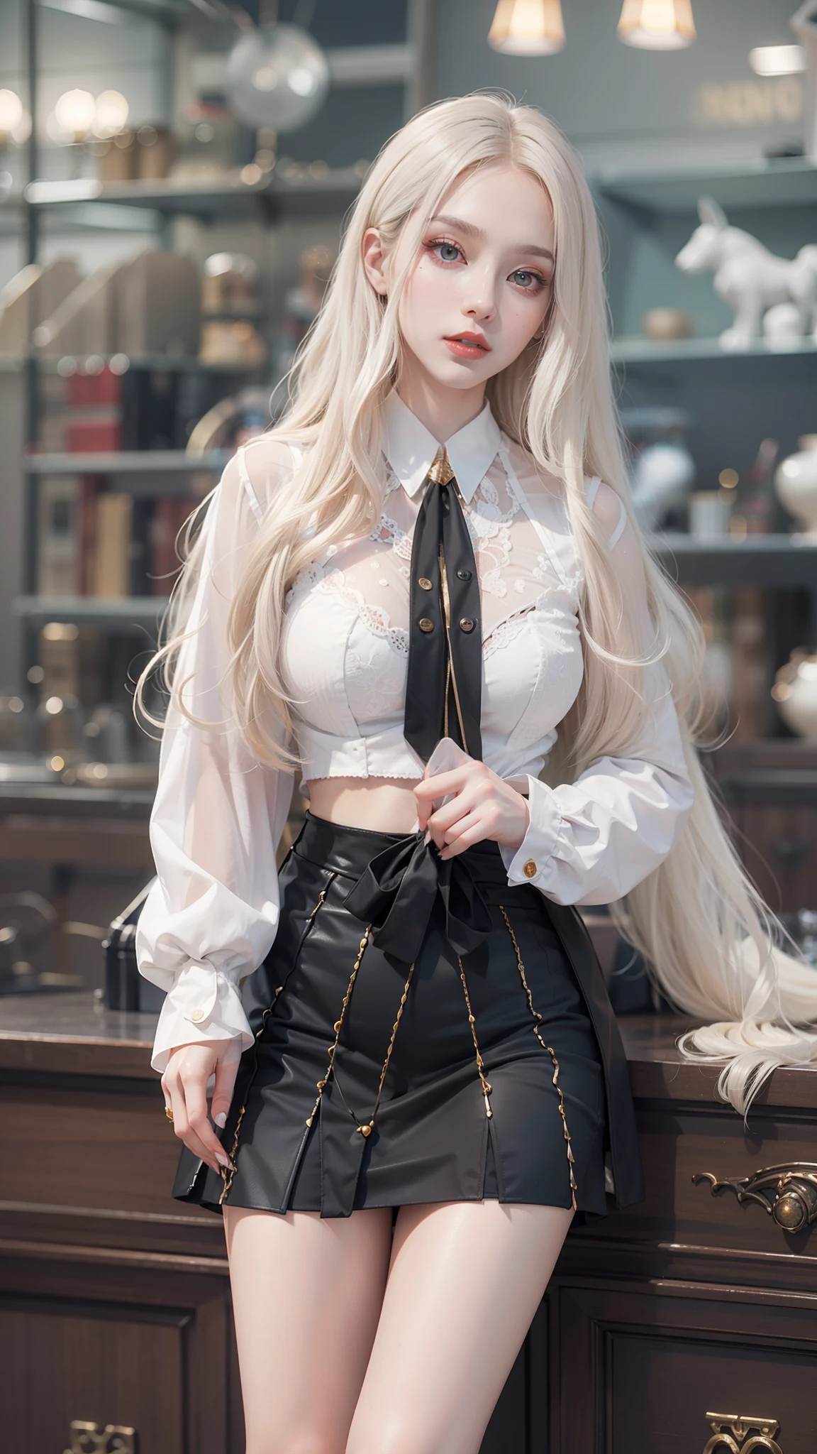 best qualtiy,tmasterpiece,8K分辨率,real photograph,Kizi,Golden ratio figure,long white hair,light make-up,largeeyes,Translucent red lips,High-gloss nose tip,Slim,Super big breasts,looking at viewert,The body faces the audience,exposed。