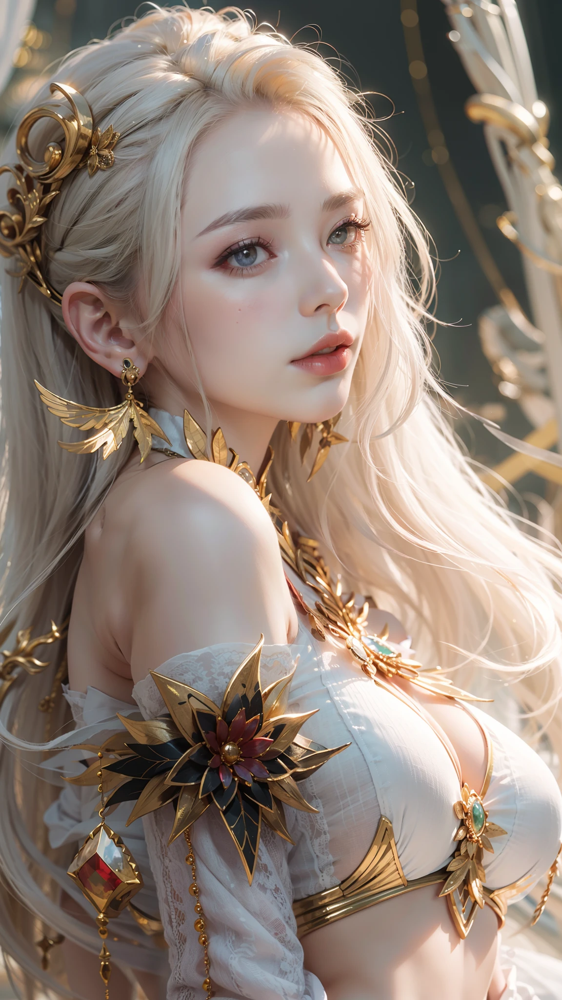 best qualtiy,tmasterpiece,8K分辨率,real photograph,Kizi,Golden ratio figure,long white hair,light make-up,largeeyes,Translucent red lips,High-gloss nose tip,Slim,Super big breasts,looking at viewert,The body faces the audience,exposed。