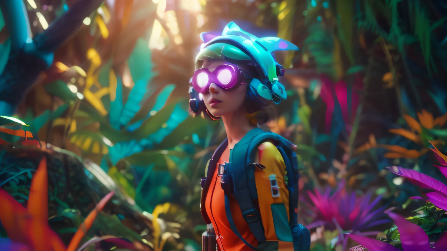 a woman in a colorful outfit and goggles stands in a jungle, adventure hyper realistic render, fantasy style 8 k octane render, artem demura beeple, 3 d render beeple, in the art style of filip hodas, style hybrid mix of beeple, cinematic beeple, 8k portrait render, beautiful octane render