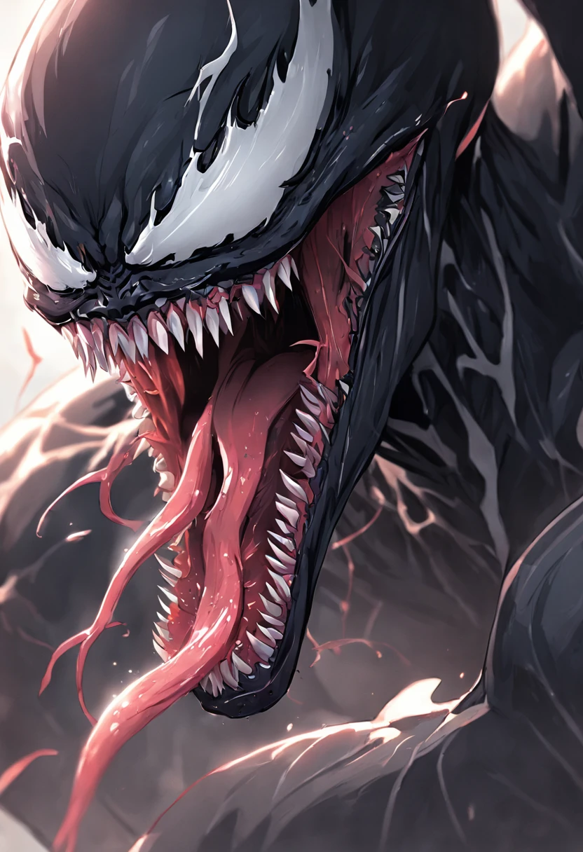 Venom and host，Marvel Venom，head portrait，Close-up，of a real，Facial features are carefully depicted，Realistic skin texture，Dark style，depth of fields，high light，Real light，Ray traching，oc rendered，Hyper-realistic，best qualtiy，8K，Works of masters，super-fine，Detailed pubic hair，Correct anatomy，sharp focus on eyes，Bokeh，Facial features are carefully depicted