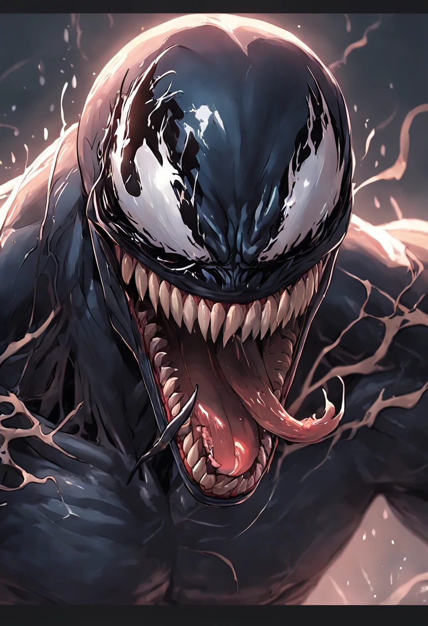 Venom and host,Marvel Venom,head portrait,Close-up,of a real,Facial features are carefully depicted,Realistic skin texture,Dark style,depth of fields,high light,Real light,Ray traching,oc rendered,Hyper-realistic,best qualtiy,8K,Works of masters,super-fine,Detailed pubic hair,Correct anatomy,sharp focus on eyes,Bokeh,Facial features are carefully depicted