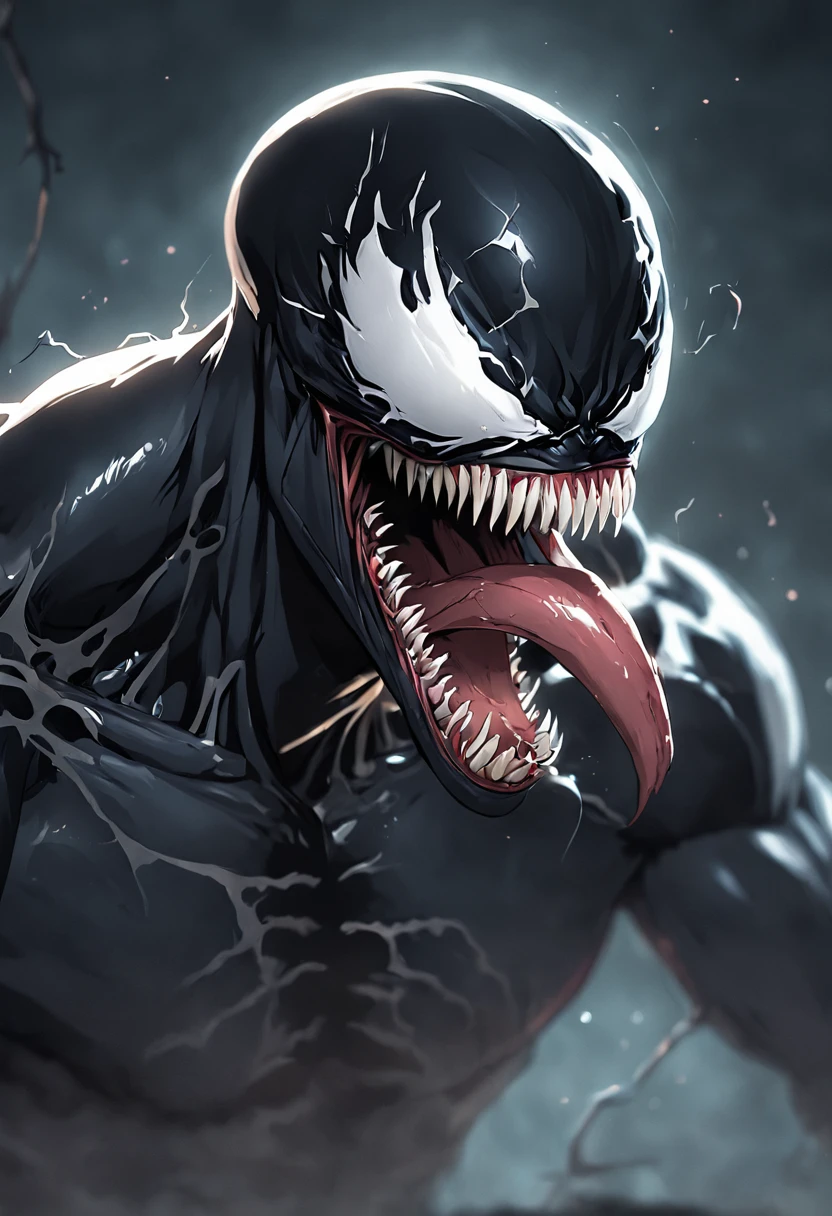 Sexy muscular Venom. Open detailed mouth and tongue. Close up of mouth and throat and esophagus. Front facing venom. Looking at viewer

