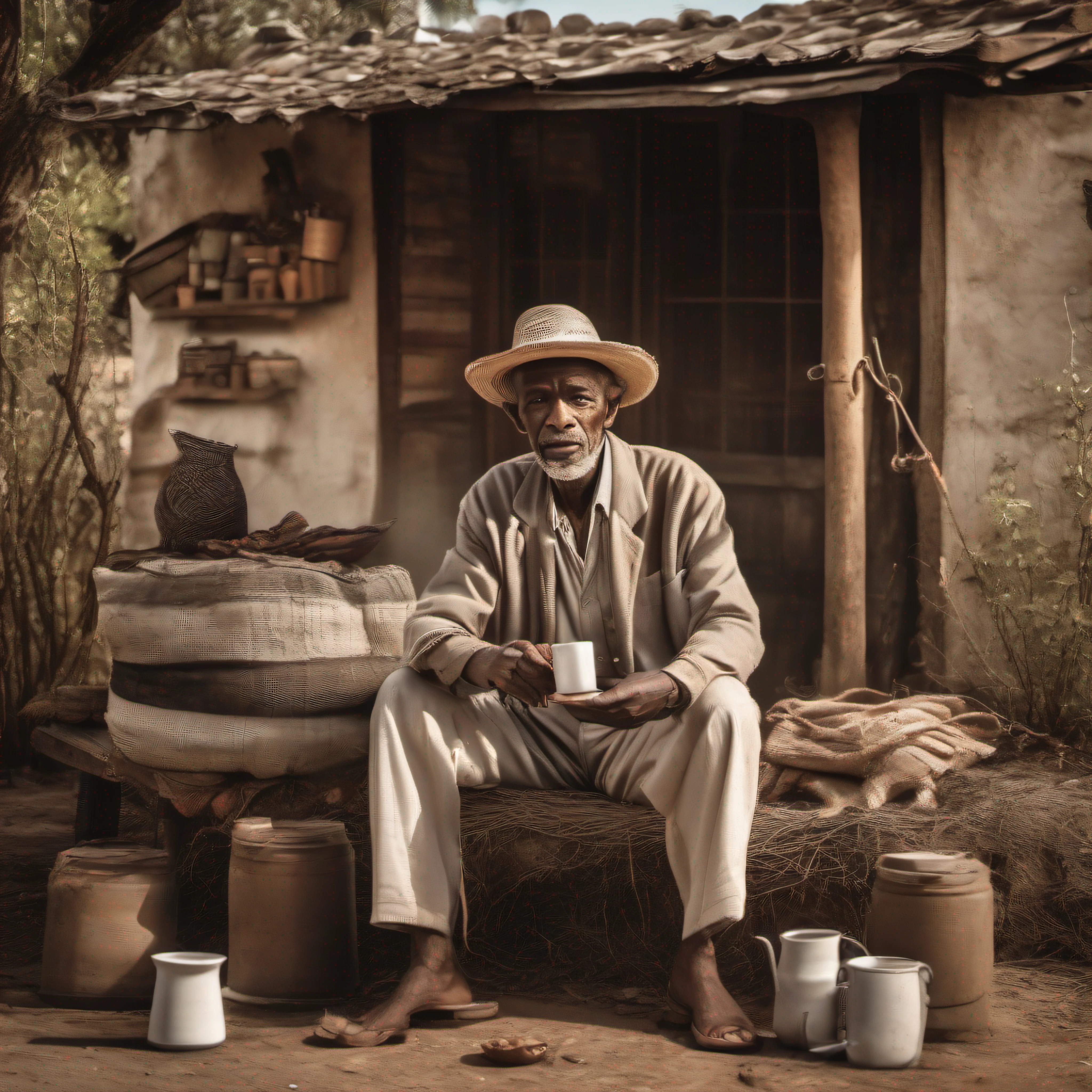 Old black man, full body image, sitting on a small bench, with old white clothes, remanufactured pants, bare feet, smoking a pipe, wearing an old straw hat, in the background a small house made of mud, a cup of coffee on the floor.