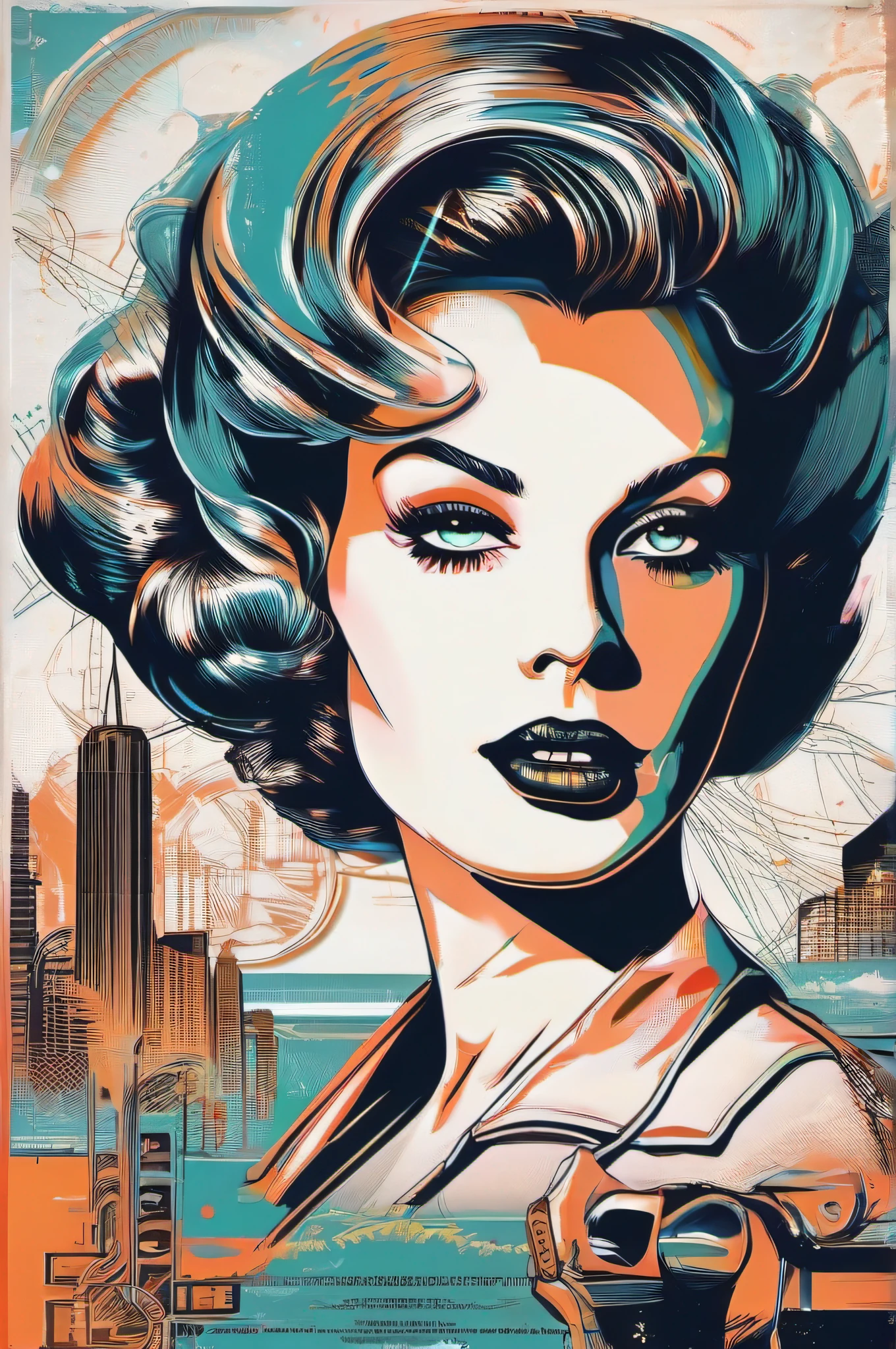 Vector for T-shirt print of a female face style 50's science fiction movies, imagem de estilo de filmes antigos dos anos 60, Imagem com fundo branco, destaque para imagem estilizada de filmes espaciais dos anos 50 e seu visual