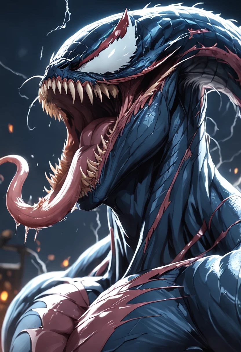 Roaring venom and host,Marvel Venom,head portrait,Close-up,of a real,Facial features are carefully depicted,Realistic skin texture,Dark style,depth of fields,high light,Real light,Ray traching,oc rendered,Hyper-realistic,best qualtiy,8K,Works of masters,super-fine,Detailed pubic hair,Correct anatomy,sharp focus on eyes,Bokeh,Facial features are carefully depicted