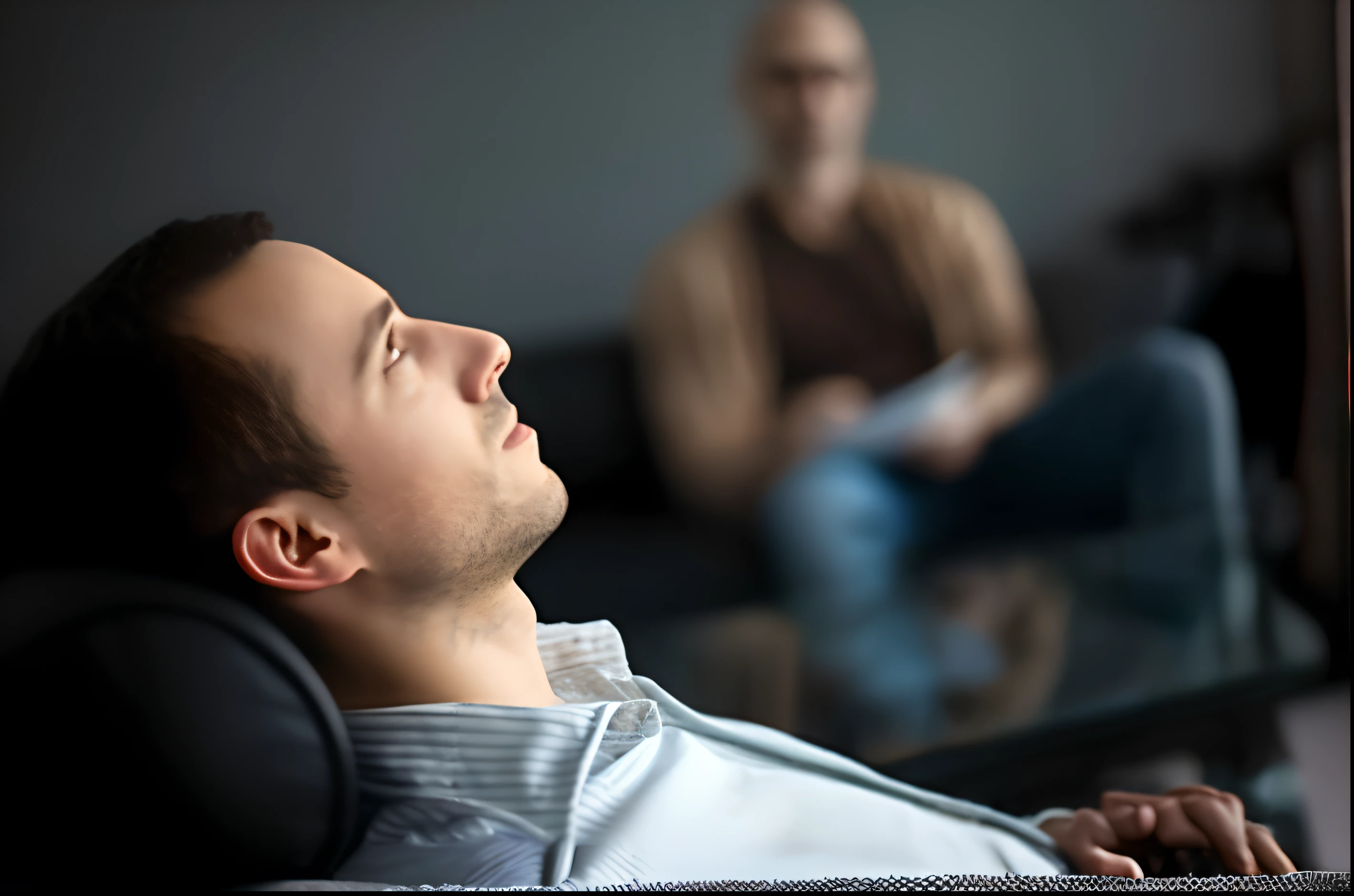 homem sentado em uma cadeira assistindo TV enquanto outro homem se senta em uma cadeira, homem sentado de frente para longe, pessoa em primeiro plano, looking across the shoulder, foto ainda, homem triste, homens tristes, TV ainda, hipnose, Homem na casa dos 30 anos, foto", tomar drogas que alteram a mente, sua mente contemplando a eternidade, foto - shot, psychedelic therapy, feeling calm