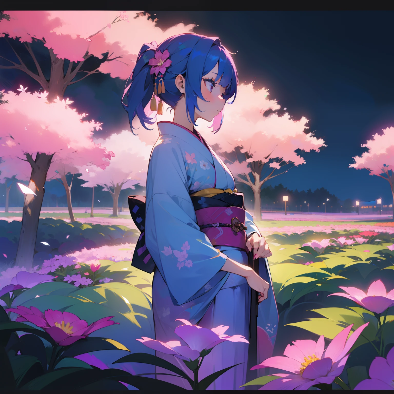 (Beautifully Aesthetic:1.2)、(1girl in:1.3)、(colourful hair:1.2)、wearing Colorful kimono、Colorful flower garden、Vivid night