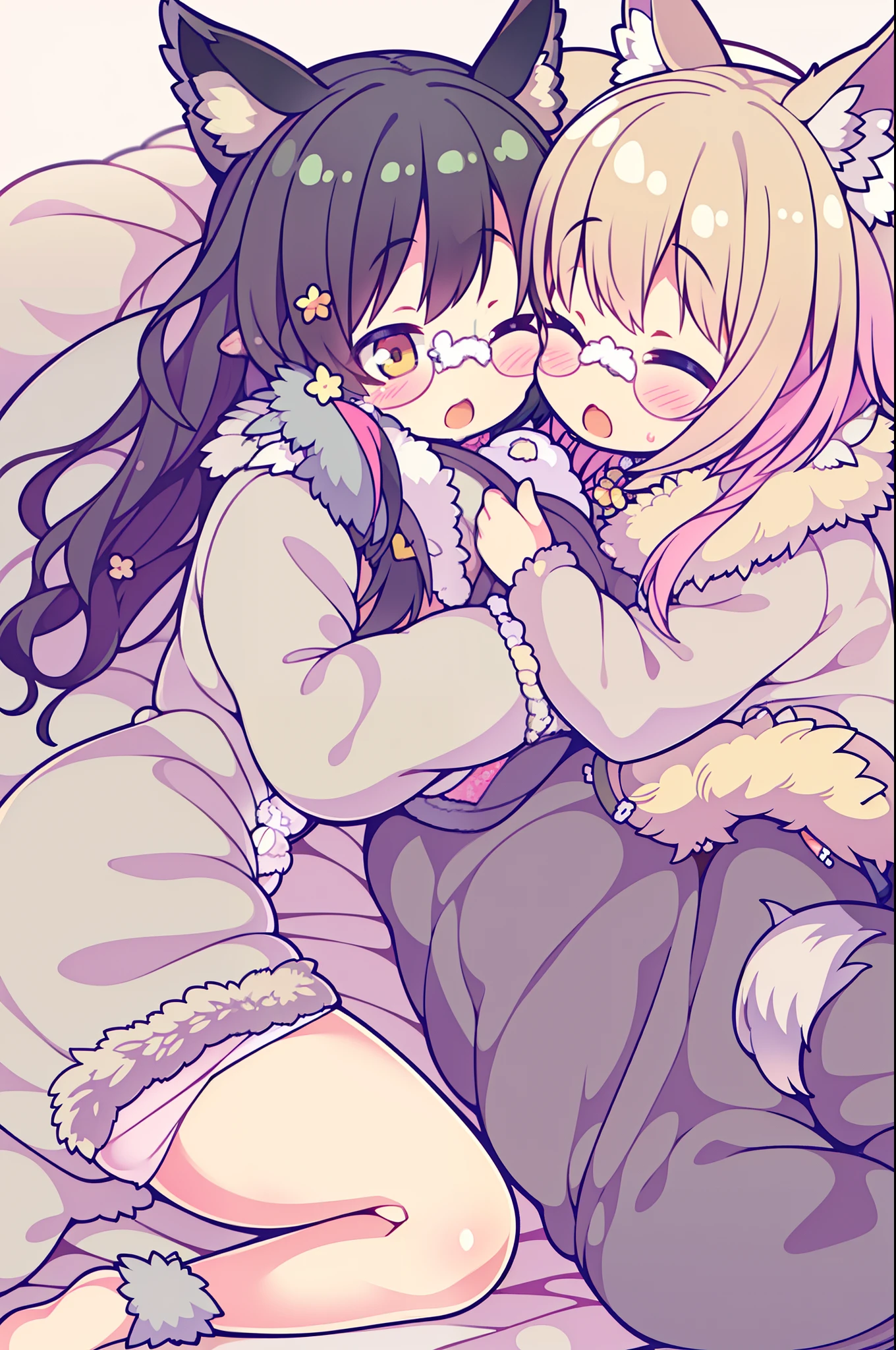 2girls，girl1：bbw、adolable，Black hair，Bob-cut hair，rcasual、Kisses and hugs、stare、lying on the bed、foxes、（French kiss）、body covered with fur,Nanachi、Girl 2：adolable，A pink-haired，Long grey hair，rcasual。Kisses and hugs、stare、NOWAI、foxes、lying on the bed、（French kiss）、body covered with fur,Nanachi