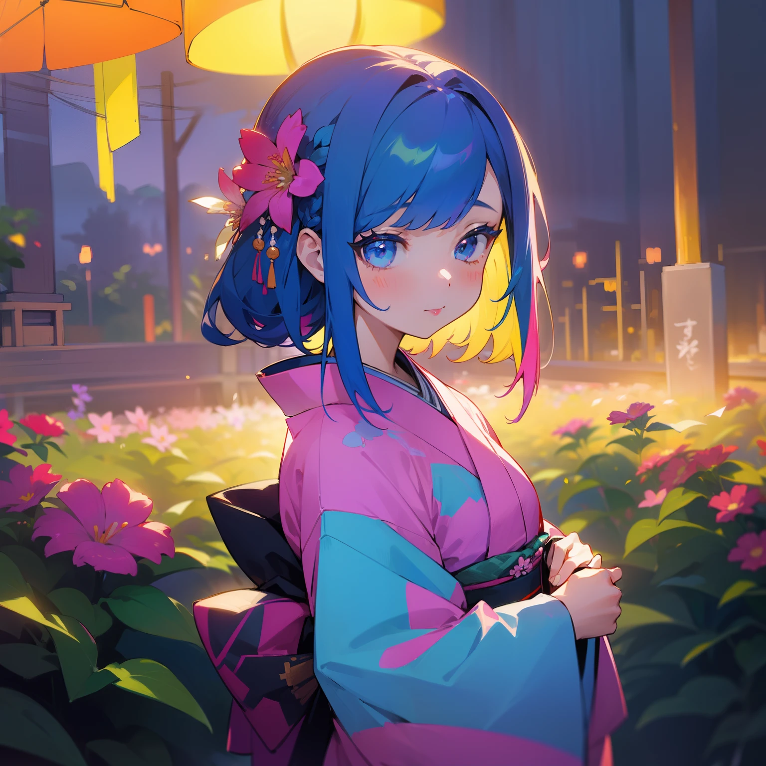 (Beautifully Aesthetic:1.2)、(1girl in:1.3)、(colourful hair:1.2)、wearing Colorful kimono、Colorful flower garden、Vivid night