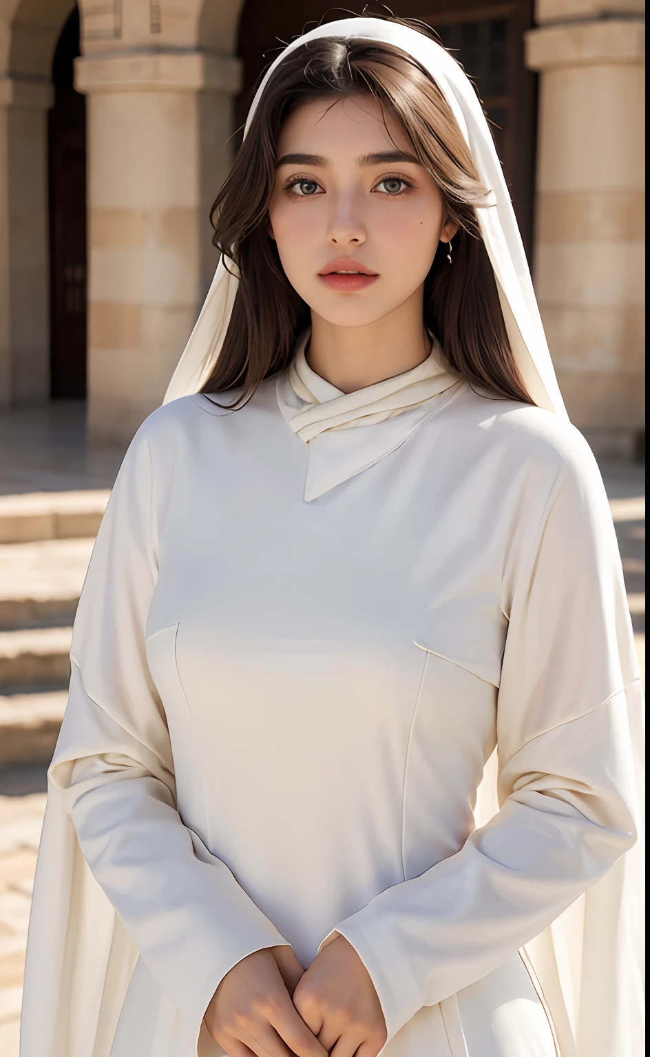 Realstic, 8k, 1girl very beautiful European beauty, longs cheveux blancs en queue de cheval, , heterochromic eyes, moles under the eyes, thick eyebrows, Moroccan caftan covers its whole body different design