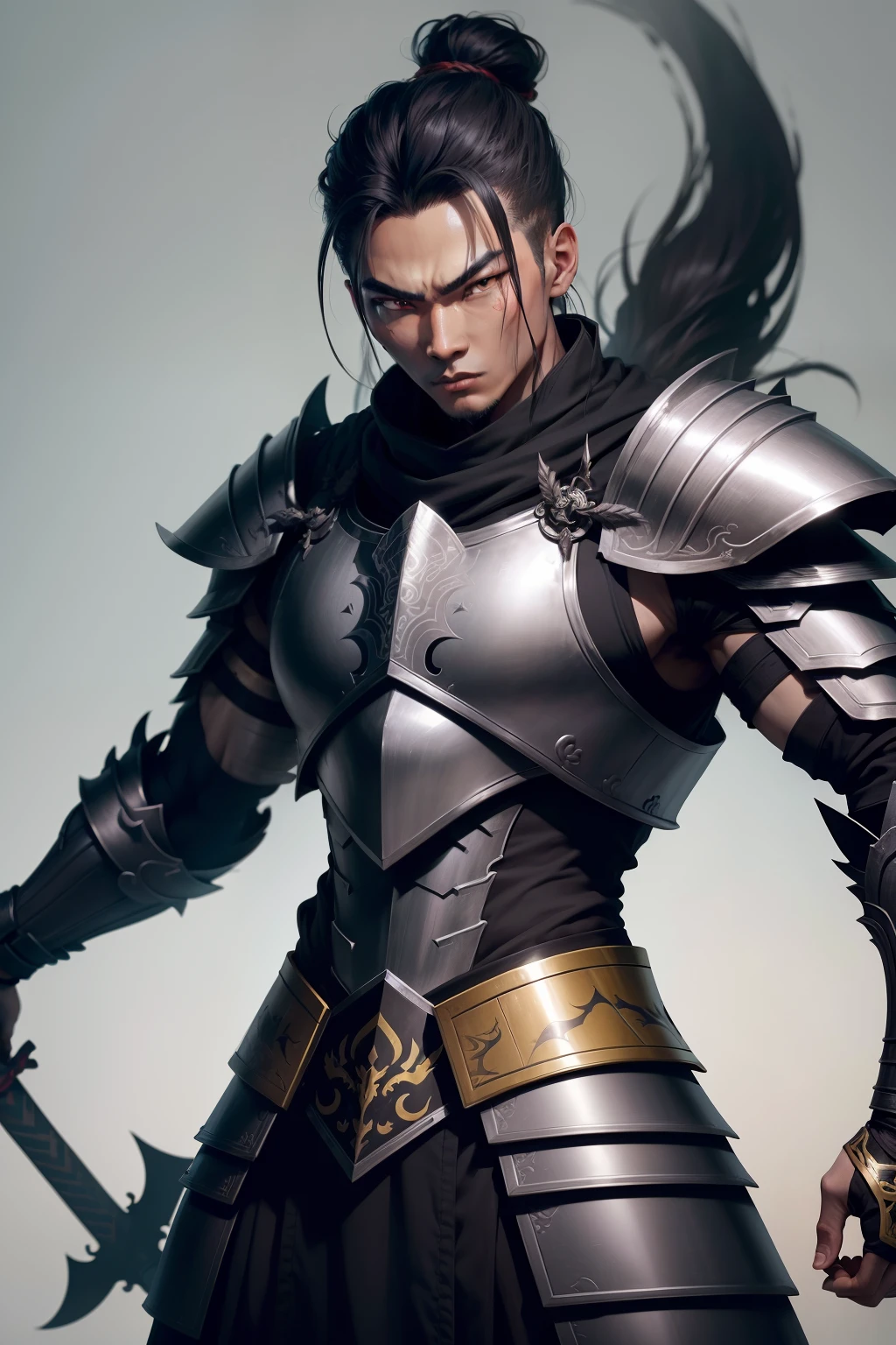 An asian warrior character with scary features, the colors of armor are black, his eyes are a yellow, he wears a simple armor, he hold a sword, grey background, upper body