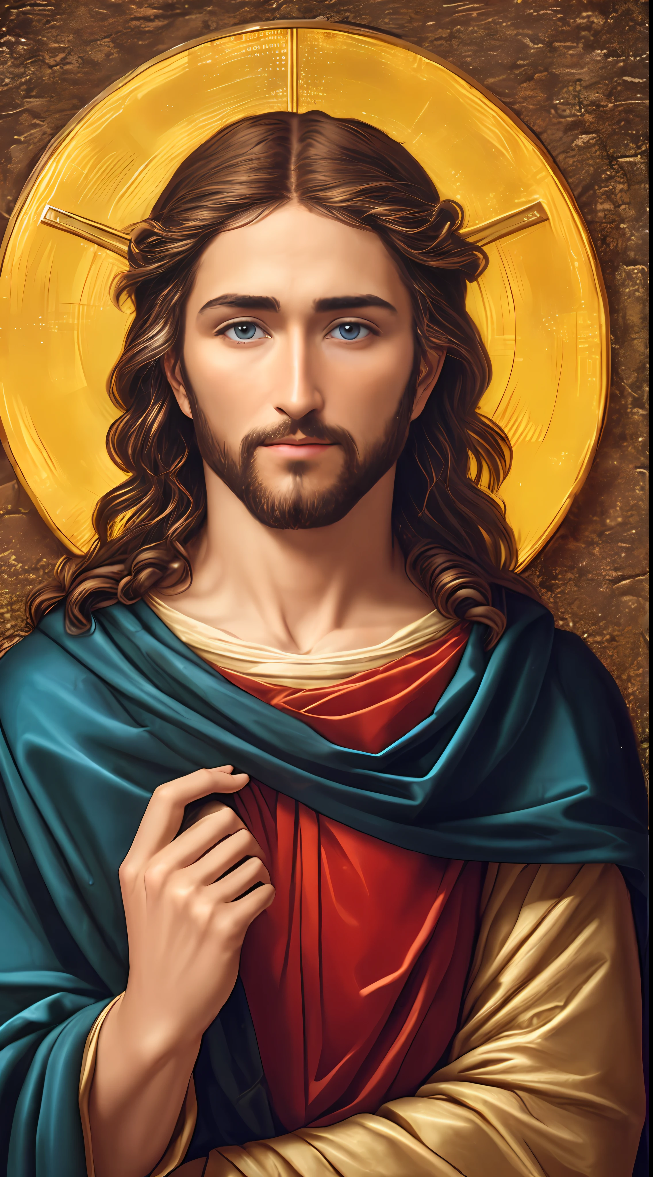 arafed man with long hair and a cross necklace sitting on a bench, portrait of jesus christ, dressed like jesus christ, jesus christ, cyberpunk jesus christ, jesus of nazareth, jesus face, wearing cross on robe, jesus christ in mass effect, alexey egorov, tron legacy jesus christ, tron legacy jesus, jesus, highly realistic digital art