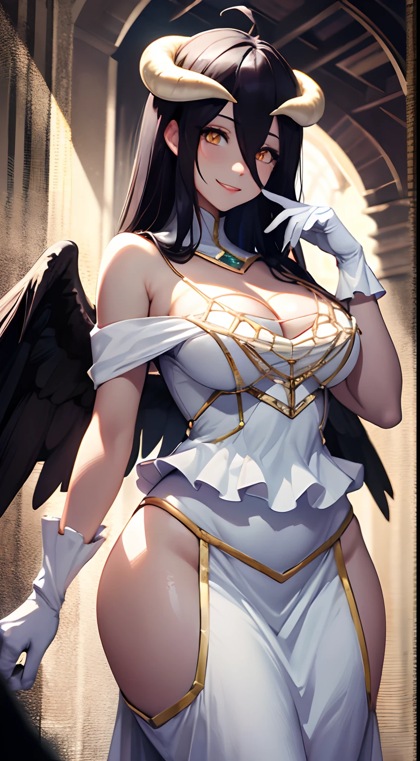 masterpiece, best quality, highres, al1, demon horns, slit pupils, white gloves, white dress, bare shoulders, detached collar, cleavage, black wings, feathered wings, low wings, cowboy shot, standing, smile, dungeon, evil smile,
