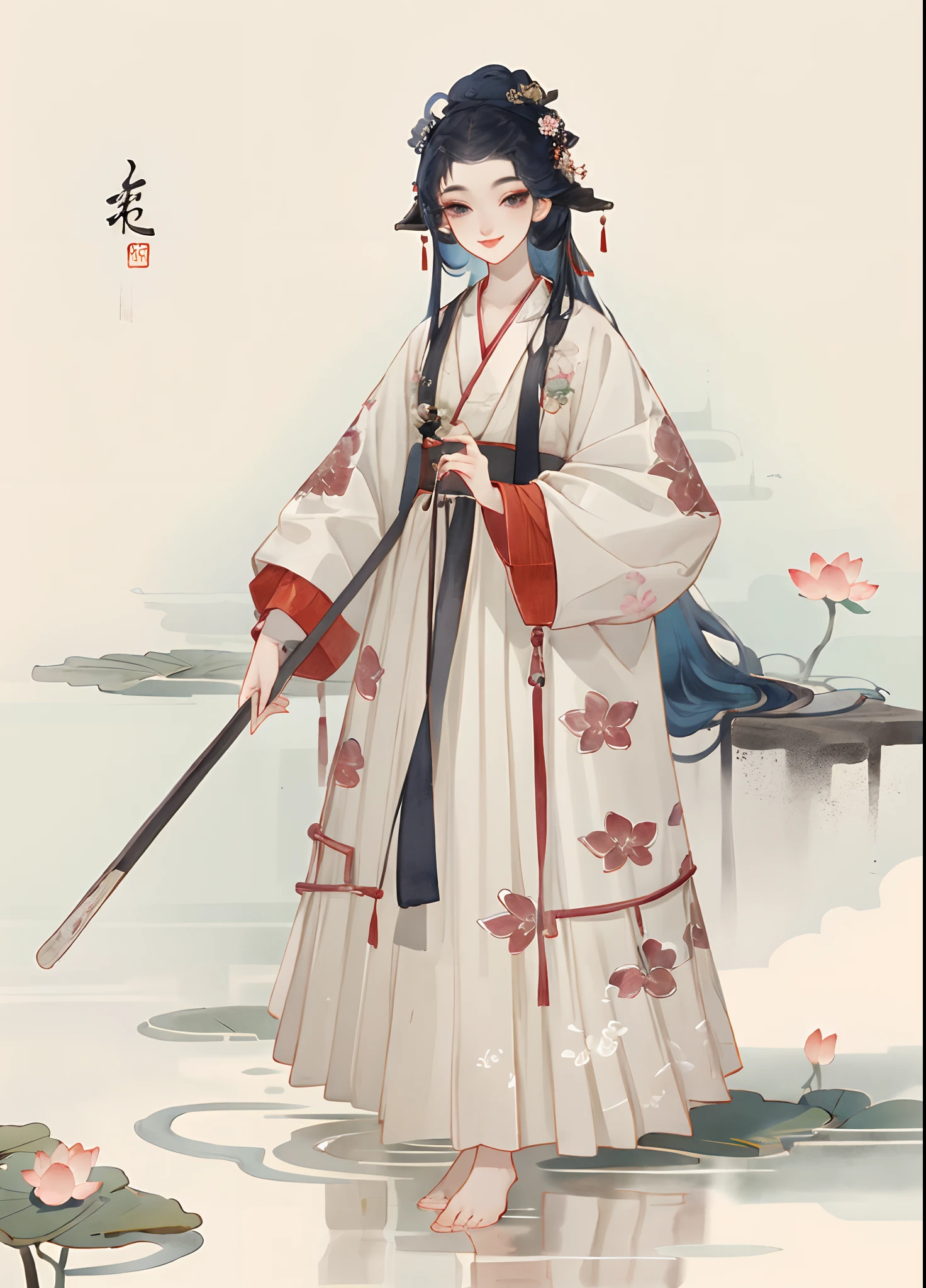 ((4k,masterpiece,best quality)), shuimobysim, traditional chinese ink painting, lotus,  hanfu, maxiskit, dress conservatively
1girl, solo, long blue hair, smile, standing, feet in the water, barefoot,