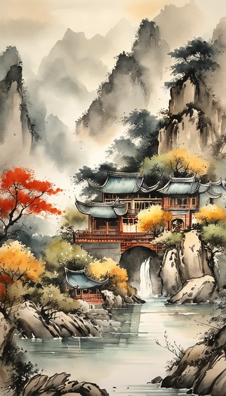 Chinese landscape painting，ink and watercolor painting，water ink，ink，Smudge，Meticulous，water ink，Smudge，Meticulous，Smudge，low-saturation，Low contrast，The light boat has crossed the Ten Thousand Heavy Mountains，Beautifully depicted，A detailed，acurate，Works of masters，tmasterpiece