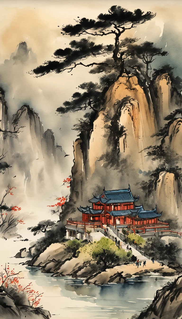 Chinese landscape painting，ink and watercolor painting，water ink，ink，Smudge，Faraway view，Ultra-wide viewing angle，Meticulous，water ink，Smudge，Meticulous，Smudge，low-saturation，Low contrast，The light boat has crossed the Ten Thousand Heavy Mountains，Beautifully depicted，A detailed，acurate，Works of masters，tmasterpiece