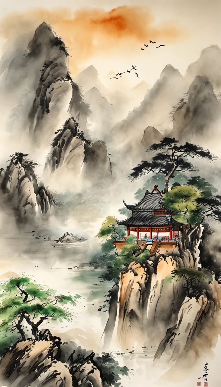 Chinese landscape painting，ink and watercolor painting，water ink，ink，Smudge，Faraway view，Ultra-wide viewing angle，Meticulous，water ink，Smudge，Meticulous，Smudge，low-saturation，Low contrast，The light boat has crossed the Ten Thousand Heavy Mountains，Beautifully depicted，A detailed，acurate，Works of masters，tmasterpiece