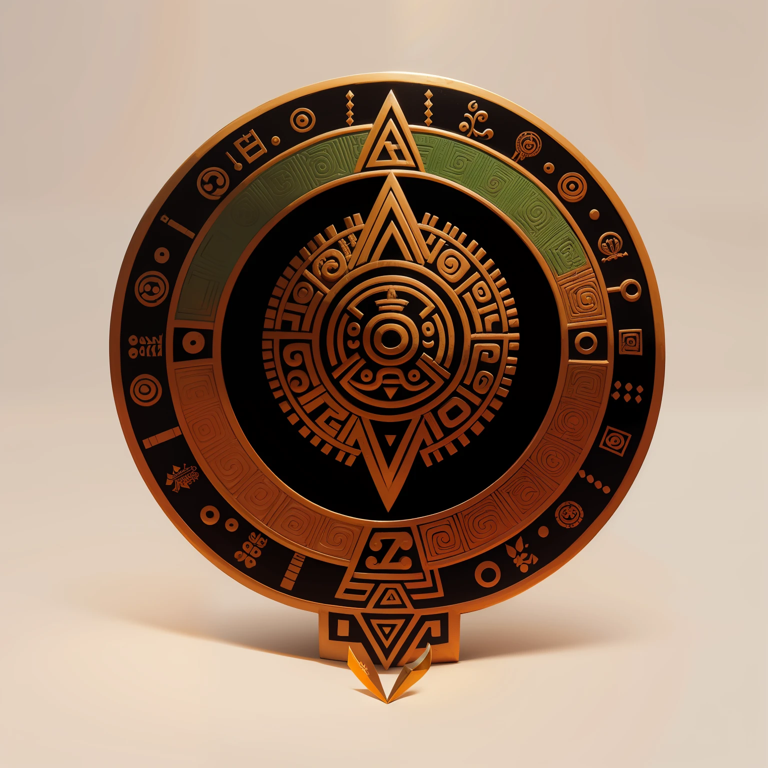 logotipo inspirado en el calendario azteca y las culturas precombinas aztecas y mayas, piramides tipo pegatina vector escudo azteca, escudo escolar, fondo blanco, sin luces ni sobras, unicamente vector