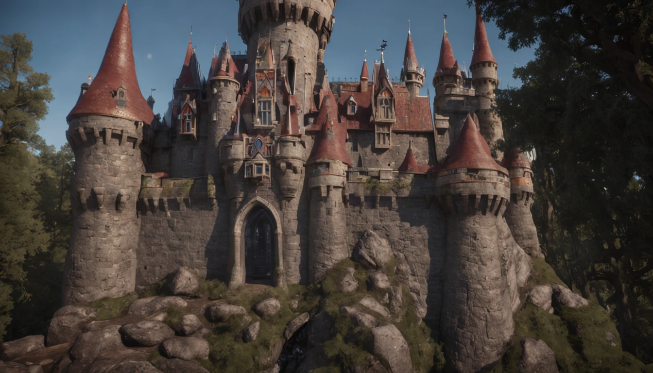 All the princesses look like dwarfs,Poop in Disney Castle, Enchanting, Dark Fantasy, oil, Polaroid, ArchViz rendering, Hi-fi, sprite sheet, iridescent colors, Gurokawa, flood lighting, Ultra-realistic, highly detailed, PBR materials, Unity engine, volumetric lighting, 8k