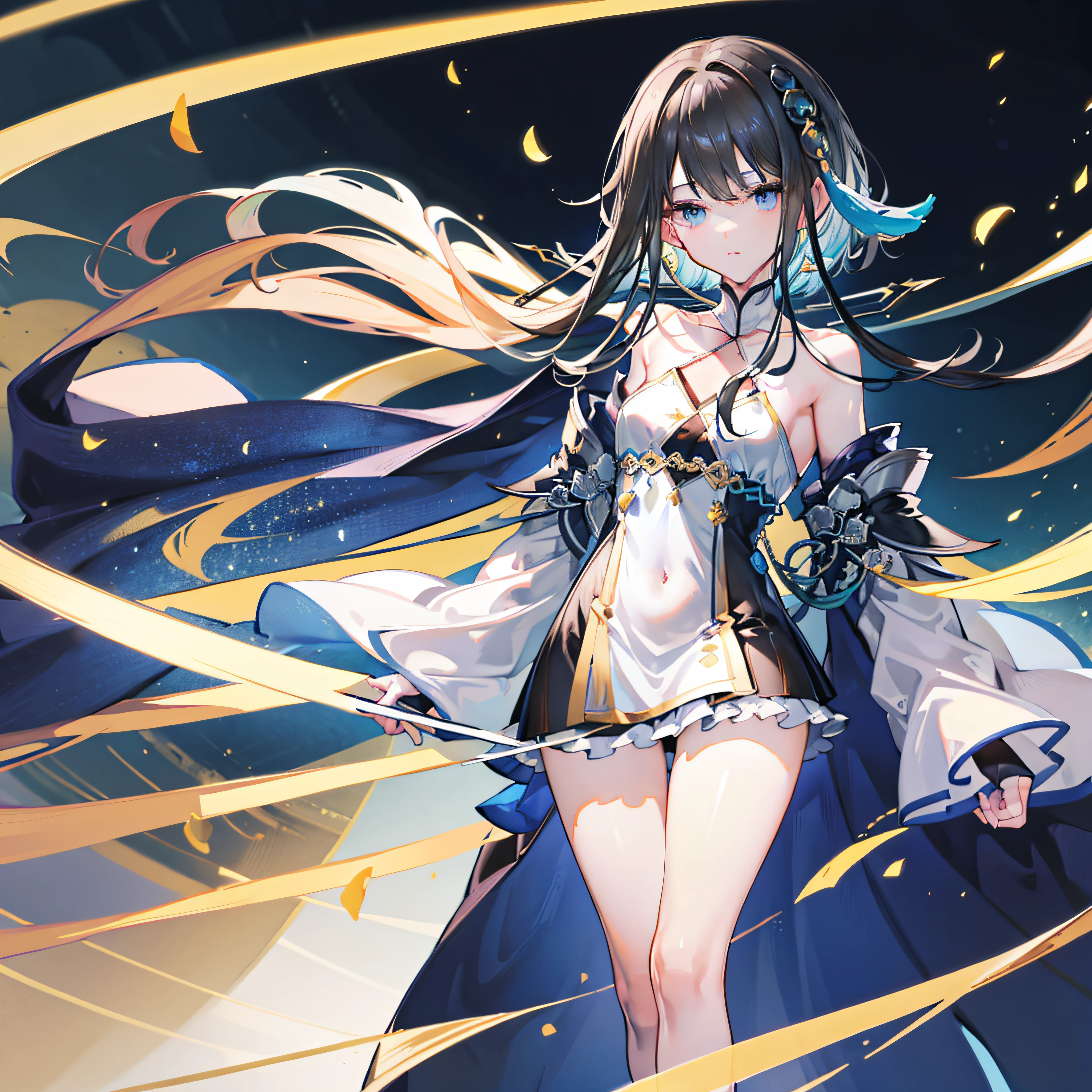 blue hand and thigh wearings, black hair, hair accessories, blue eyes, gold ear decorations, nose, nervous, pale skin, neck, shoulders, small chest, arms, hands emitting energy, thin waist, legs, small thigh, bare round feet, cute, gold stripes on dress, in a sacred palace, standing dominantly, cinematic light, high resolution, highest quality, ultra detailed, detailed face, (detailed eyes), best quality, hyper detailed, masterpiece, (detailed face), clean face, detailed eyes